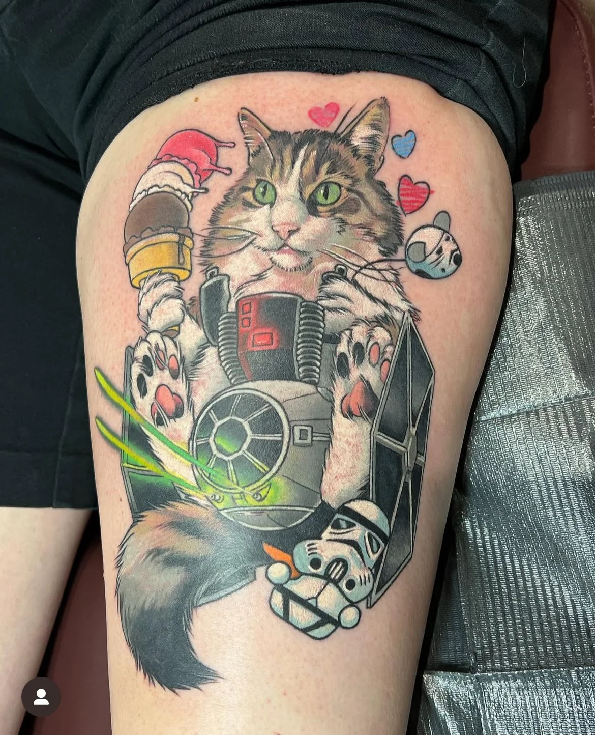 Star Wars memorial cat portrait tattoo.