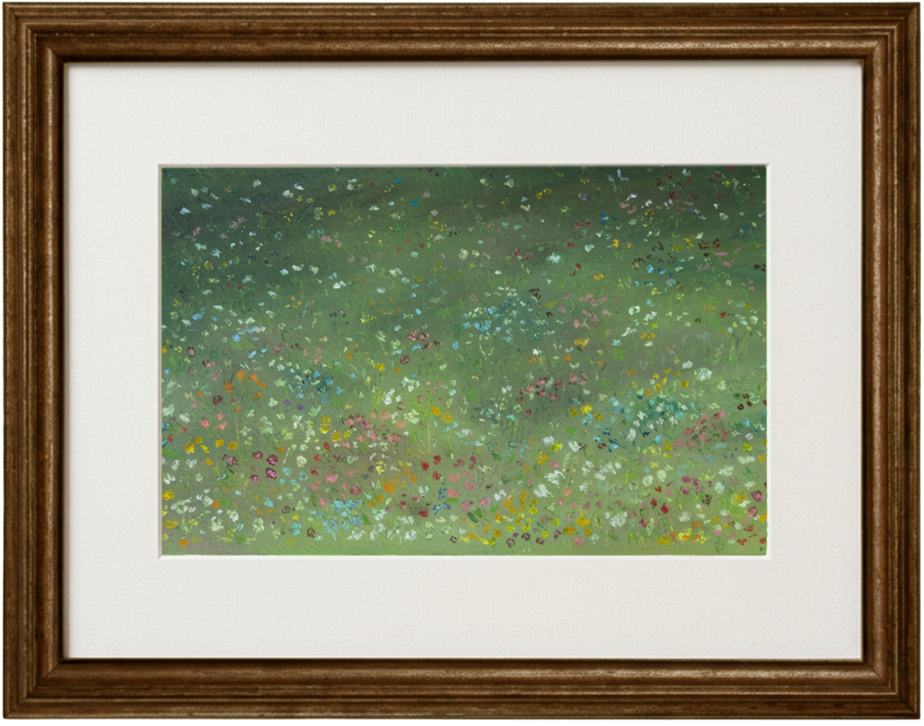 Framed watercolor painting of a colorful abstract field of flowers on green background.
