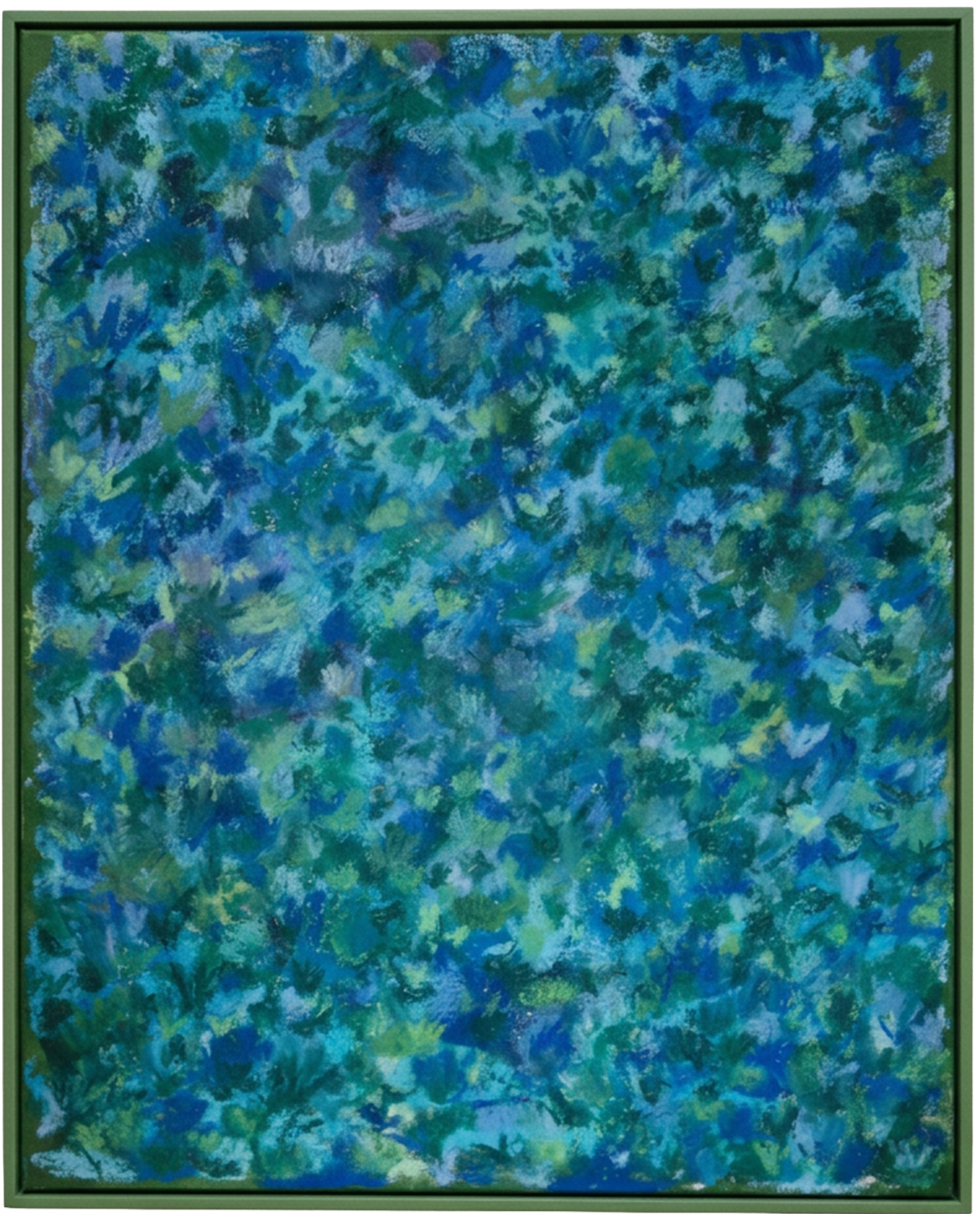 Abstract painting with blue, green, and yellow brush strokes, framed in green.