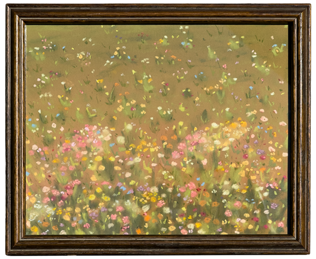 A painting of a colorful spring meadow filled with various small wildflowers, framed in dark wood.