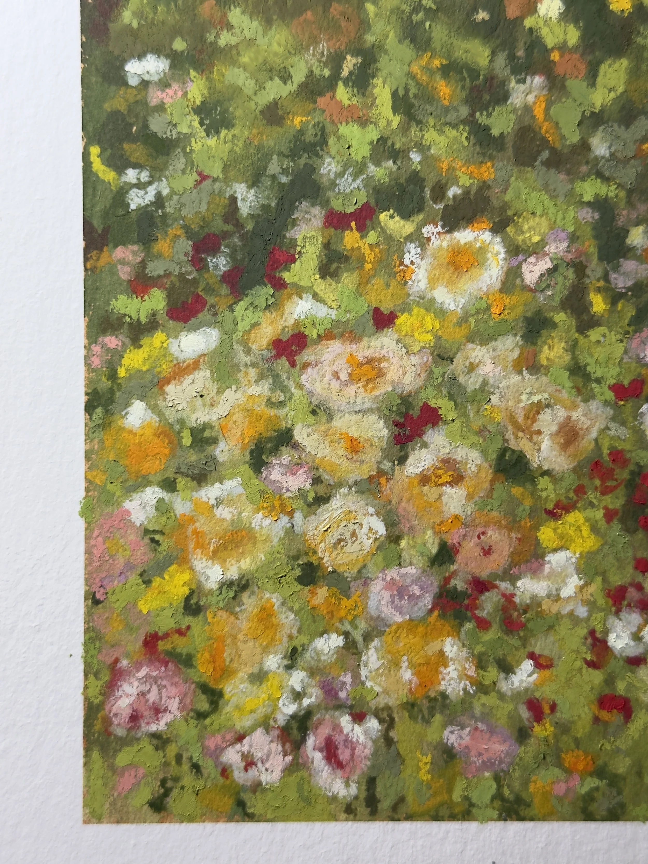 A colorful abstract painting with a mix of green, yellow, orange, pink, and red dabs of paint, resembling a vibrant floral scene.