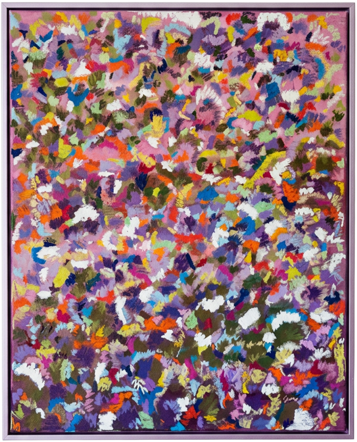 An abstract painting with vibrant, colorful brushstrokes in various shades of purple, pink, white, orange, yellow, green, blue, and brown, creating a lively and dynamic composition.