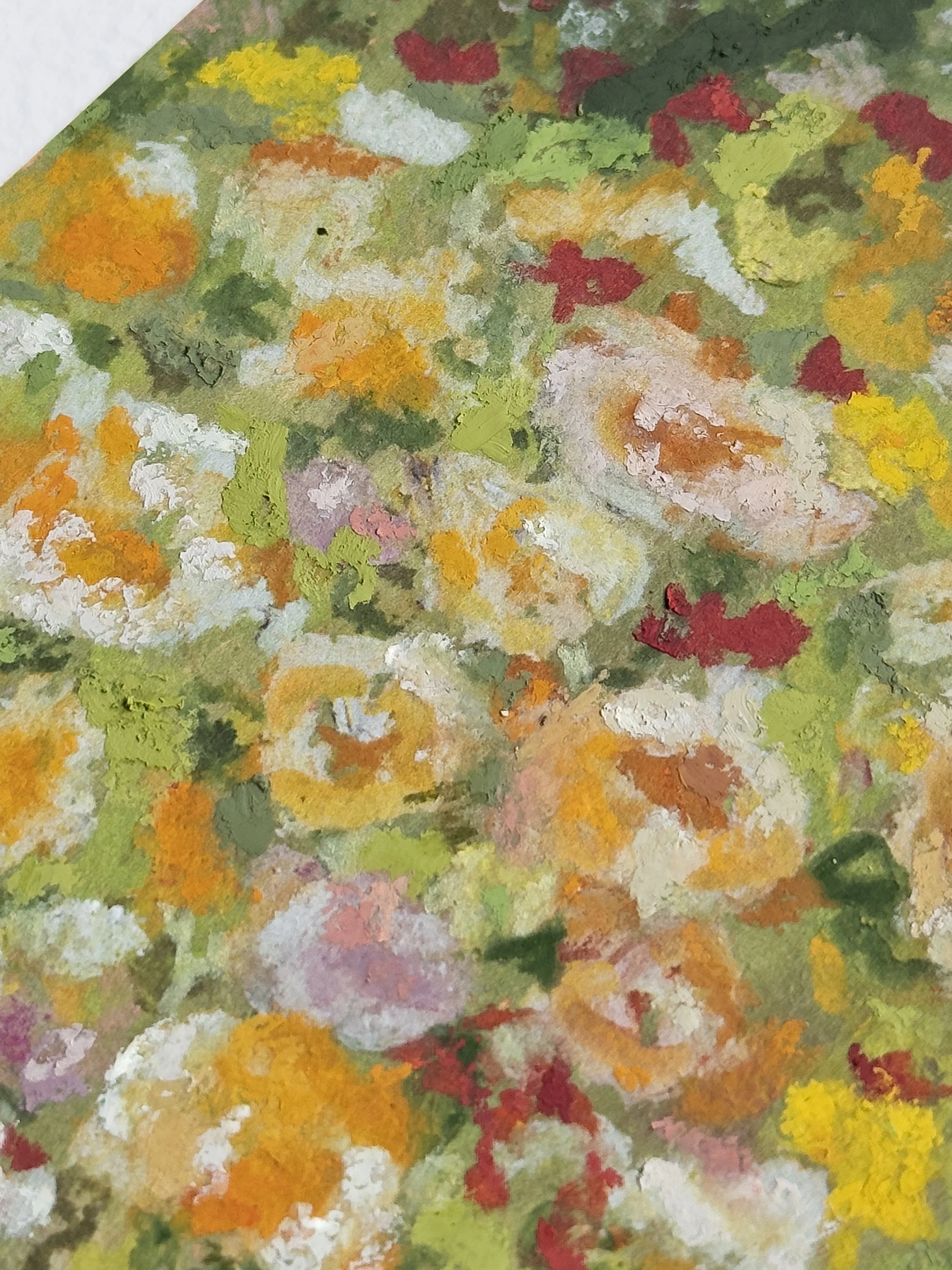 Close-up of an impressionistic painting with vibrant colors of red, yellow, white, orange, purple, and green, depicting a floral scene.