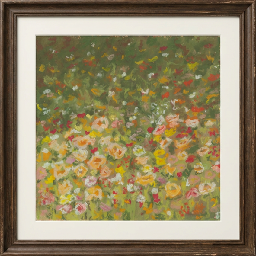 A framed abstract painting of a colorful garden with various flowers in shades of yellow, pink, white, and red, with green foliage in the background.