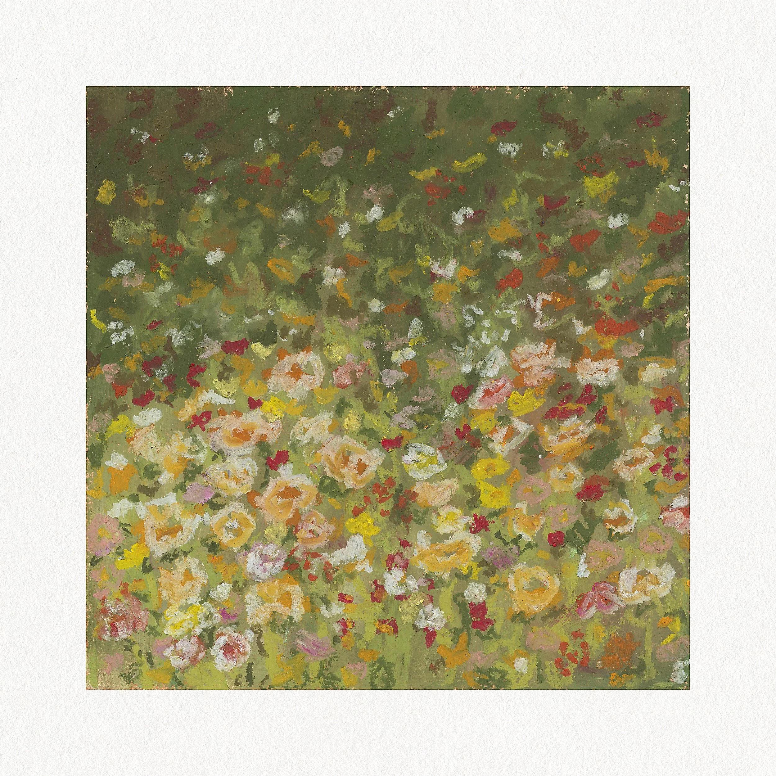 Abstract impressionist landscape painting with a blend of green, yellow, red, pink, white, and orange colors in a textured, layered style.
