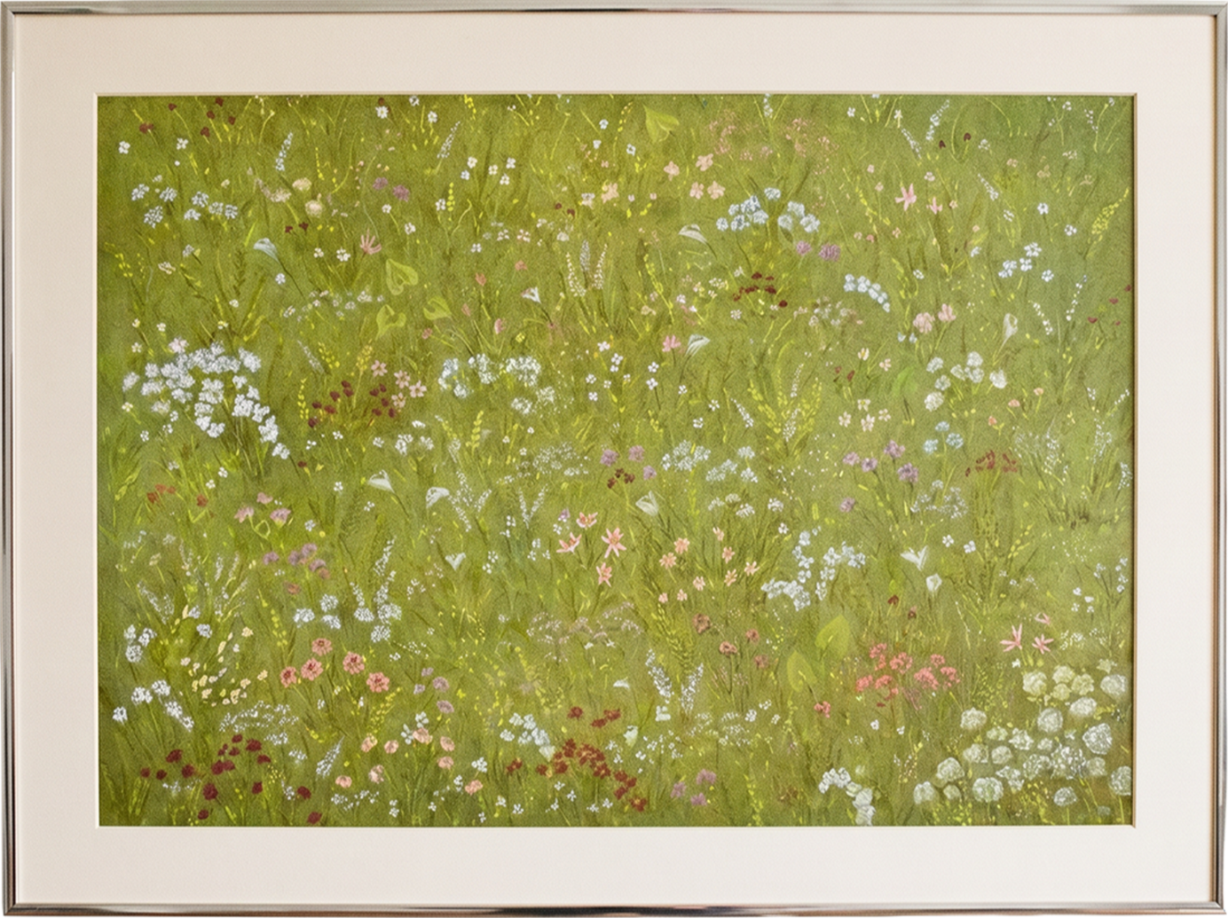 A framed artwork of a lush meadow filled with small wildflowers in white, pink, purple, and red, with green grass and foliage.