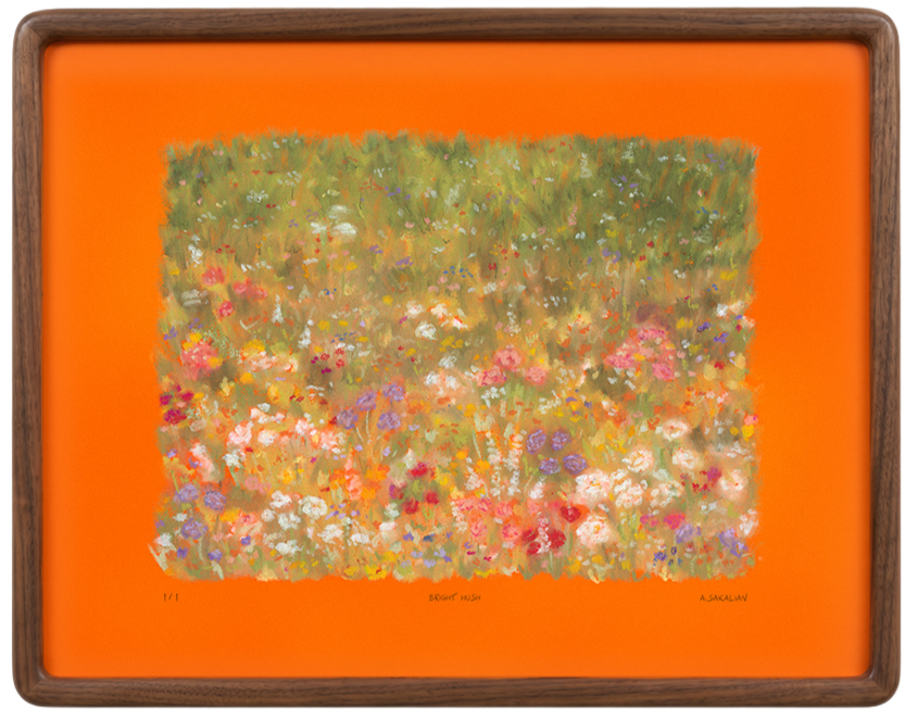 Painting of a colorful flower garden with various flowers, framed in wood, on an orange background.