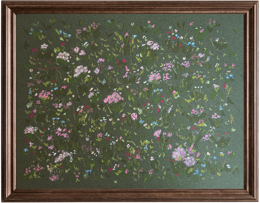 A framed painting of a colorful garden filled with pink, purple, white, blue, and red flowers on a green background.