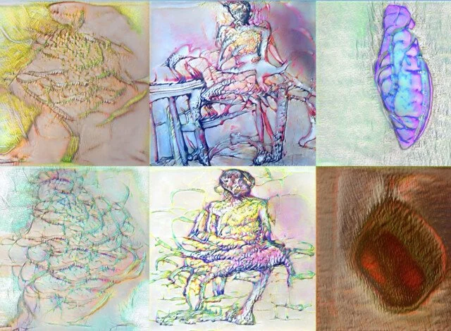 A collage of six art-style digital images, including illustrations of a tiger, a person playing the piano, an insect, a woman sitting, and an abstract object with vibrant colors and sketch-like effects.
