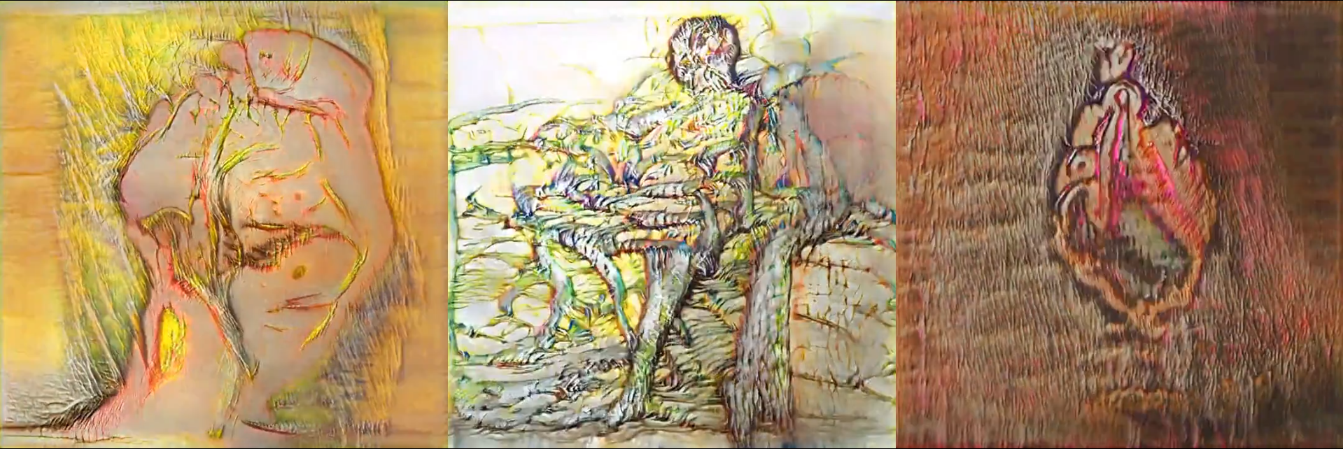 Triptych of colorful, abstract portraits of human faces and figures created with textured, layered lines.