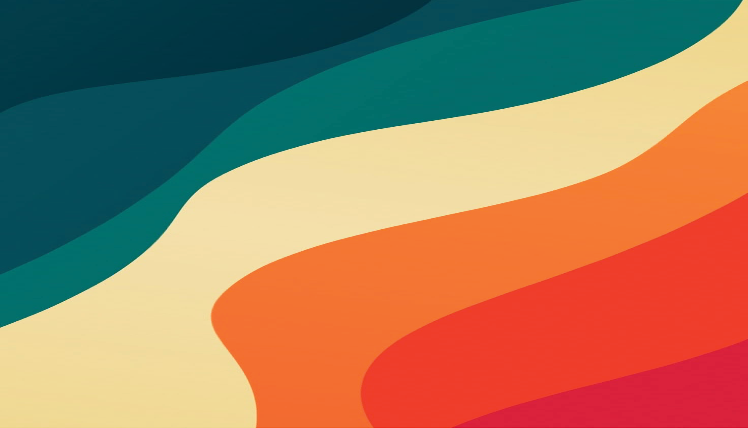 Abstract design with large, flowing, colorful waves in shades of dark green, teal, cream, orange, and red.