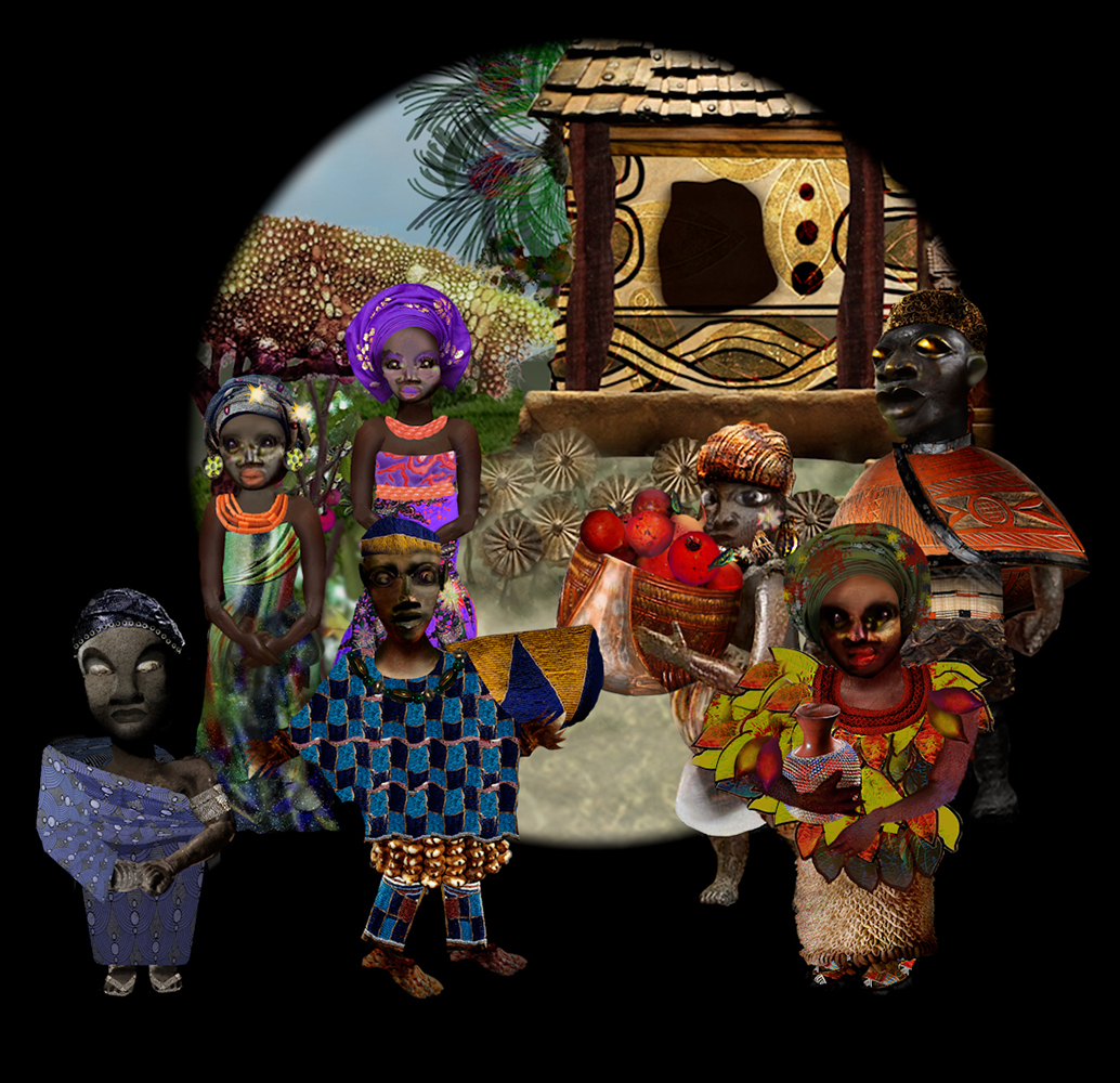 A digitally created African village scene with traditional-clothed people, vibrant attire, and a decorated hut, set against a natural background with trees and a blue sky.