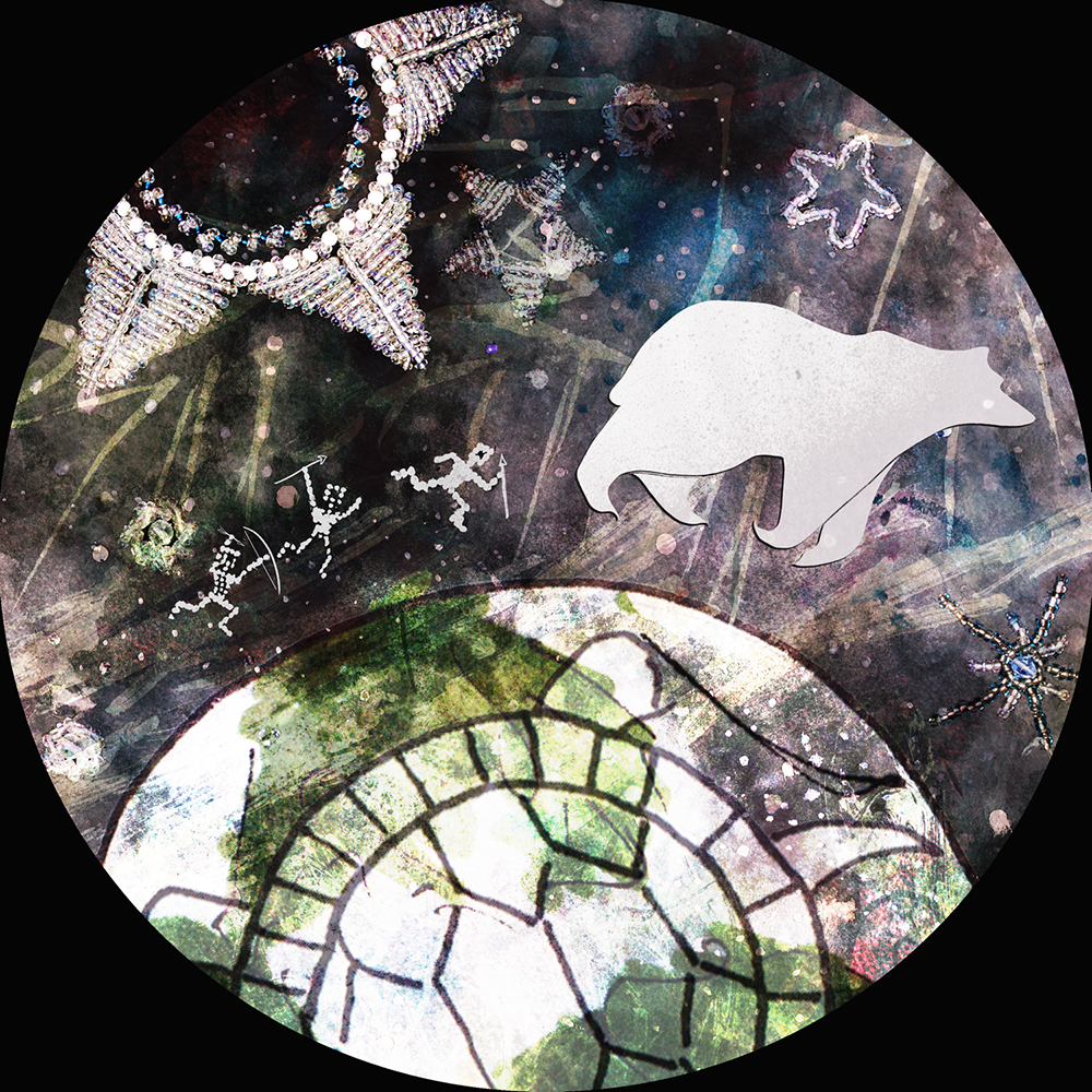 Decorative space-themed design with a rhinestone star, star-shaped ornaments, snowflake-shaped decorations, a white bear silhouette, a turtle illustration, and star and planet motifs on a dark background.