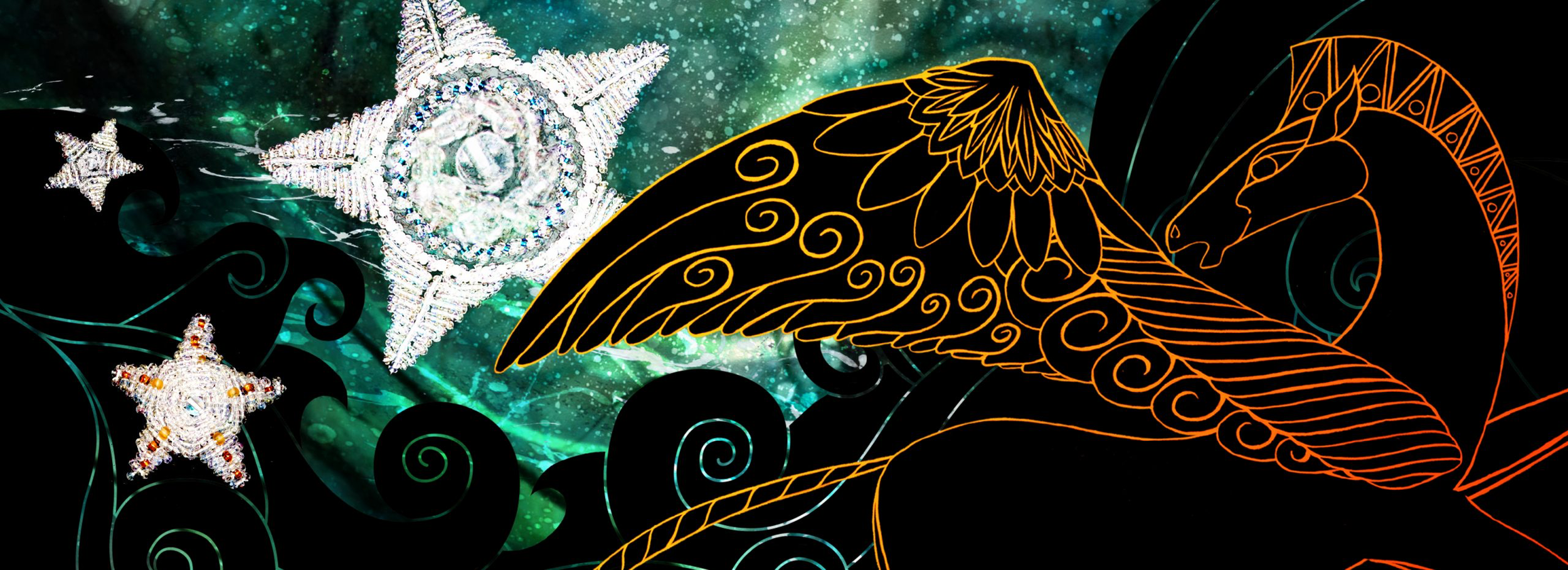 A digitally illustrated fantasy scene with glowing stars, swirling waves, a diamond star with unicorn horn, and an orange outlined winged horse against a cosmic green background.