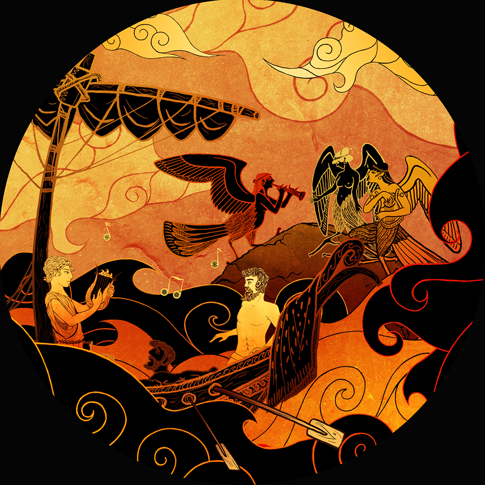 An artistic depiction of the Greek myth of Odysseus and the Sirens, with a boat sailing among turbulent waters, a man playing the lyre, and mythological creatures including Sirens and a bird with a human face, set against a fiery orange sky.