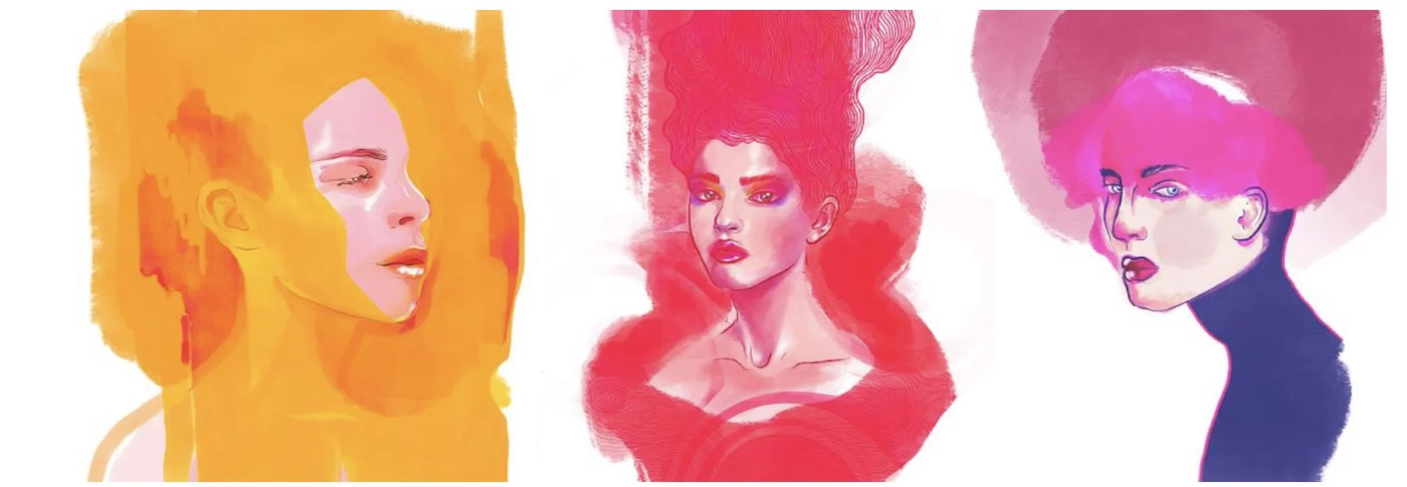 Three digitally illustrated portraits of women with colorful hair and makeup, each with a distinct expression and background color.