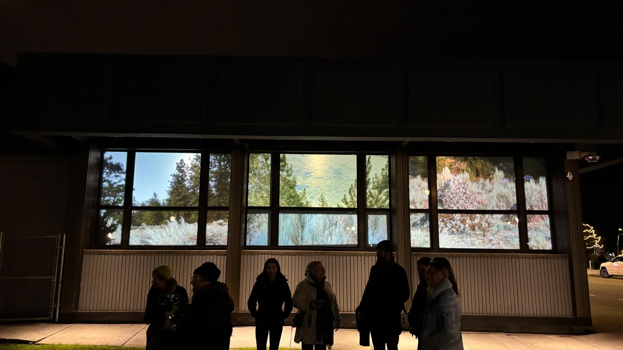 Nighttime scene showing a group of people standing in front of a large window display with a nature-themed digital projection of trees and a lake, illuminated behind them.
