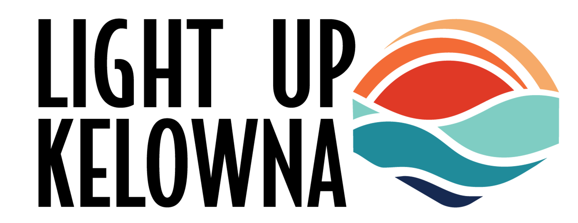 Light Up Kelowna logo featuring bold black text and a colorful abstract graphic of layered waves and arcs in red, orange, teal, and navy, representing light, water, and community energy.