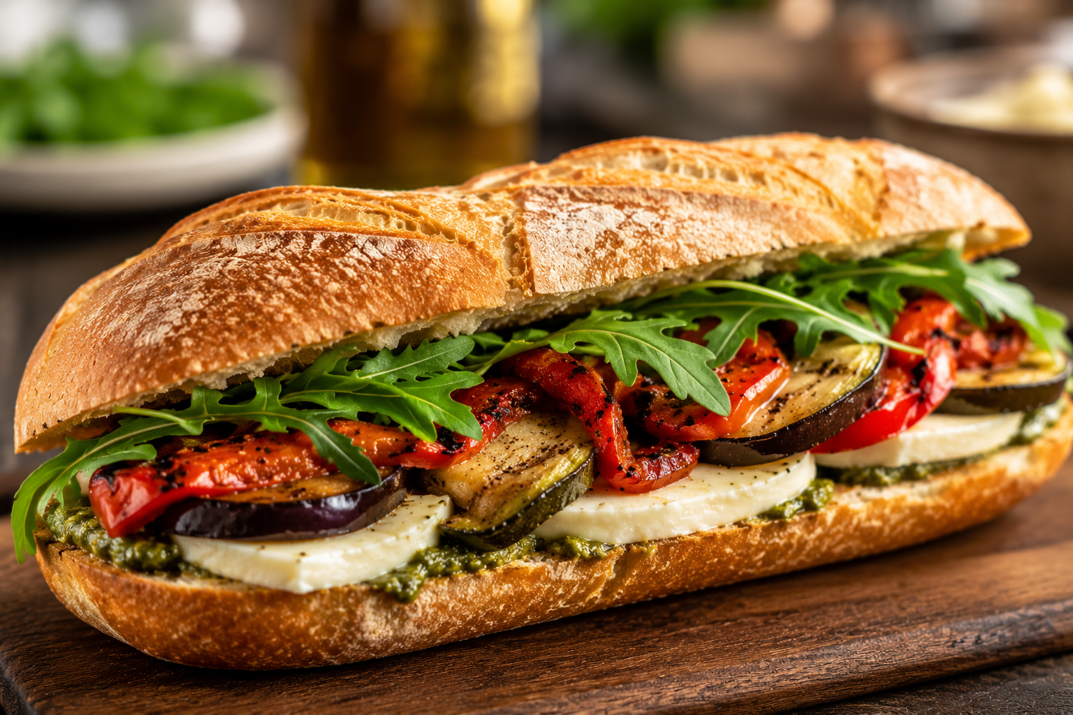 Italian hoagie sandwich with bread, arugula, grilled peppers, eggplant, zucchini, mozzarella, and pesto sauce on a wooden board.