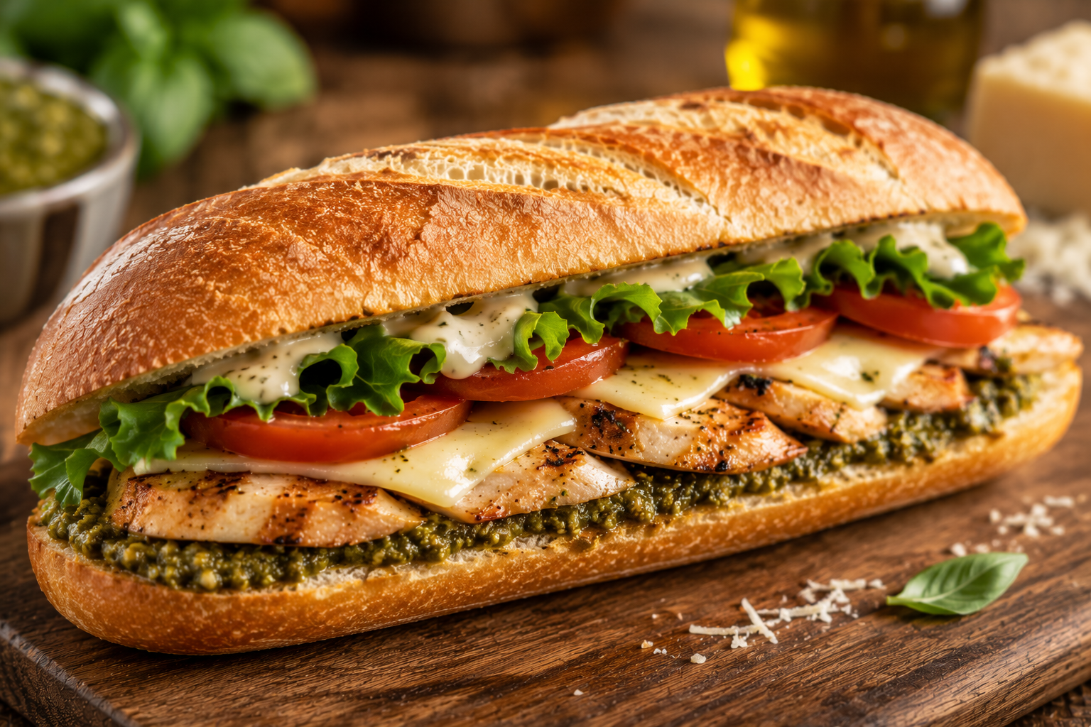 A freshly made chicken sandwich with lettuce, tomato, cheese, and pesto sauce in a baguette on a cutting board.