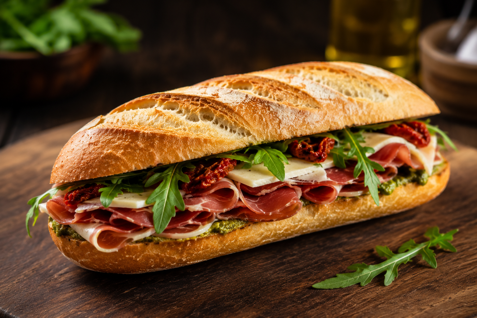 A sandwich on a wooden surface with prosciutto, fresh arugula, cheese, sun-dried tomatoes, and pesto inside a baguette.