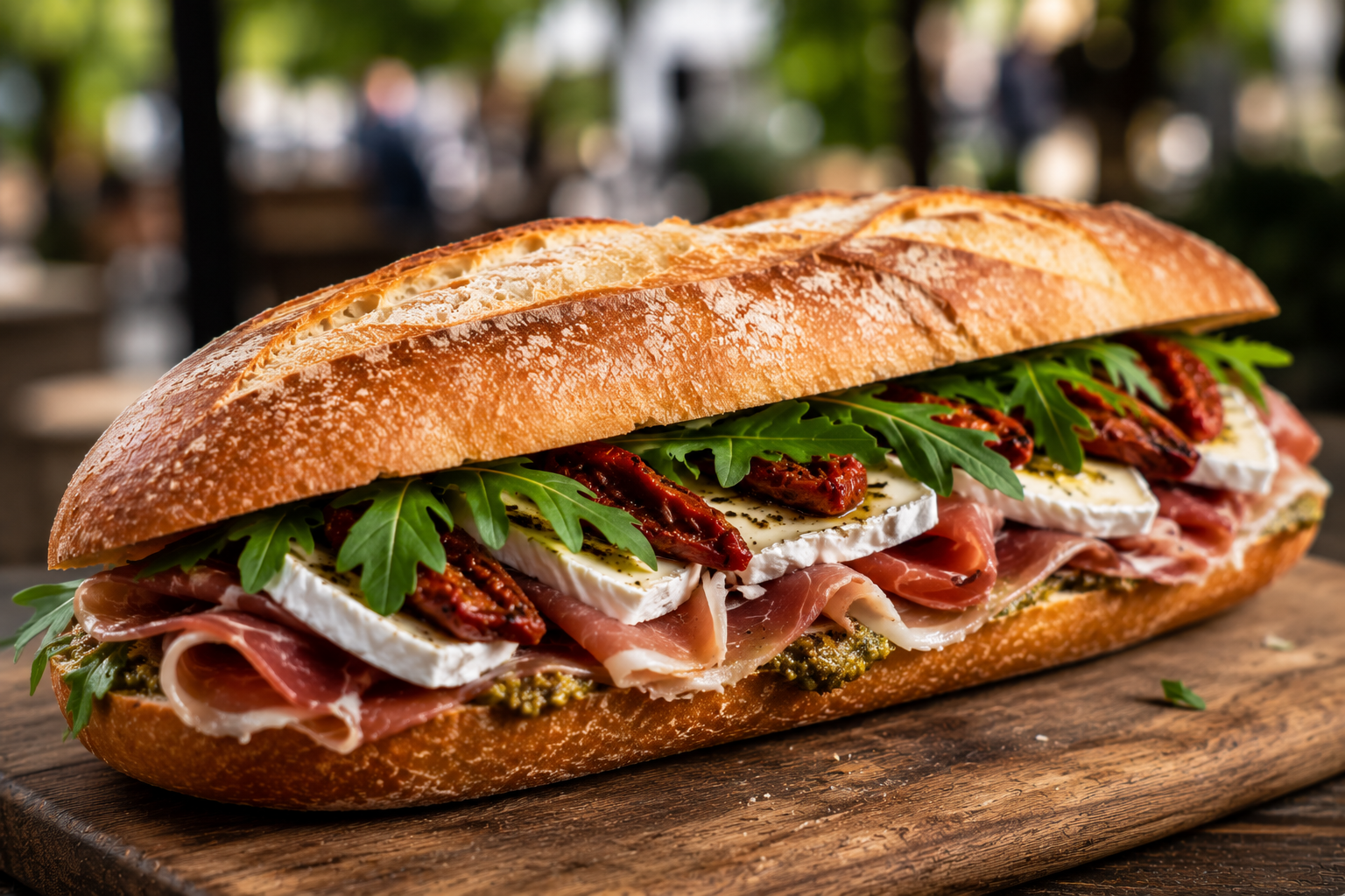 A fresh baguette sandwich filled with prosciutto, mozzarella, sun-dried tomatoes, arugula, and pesto on a wooden board.