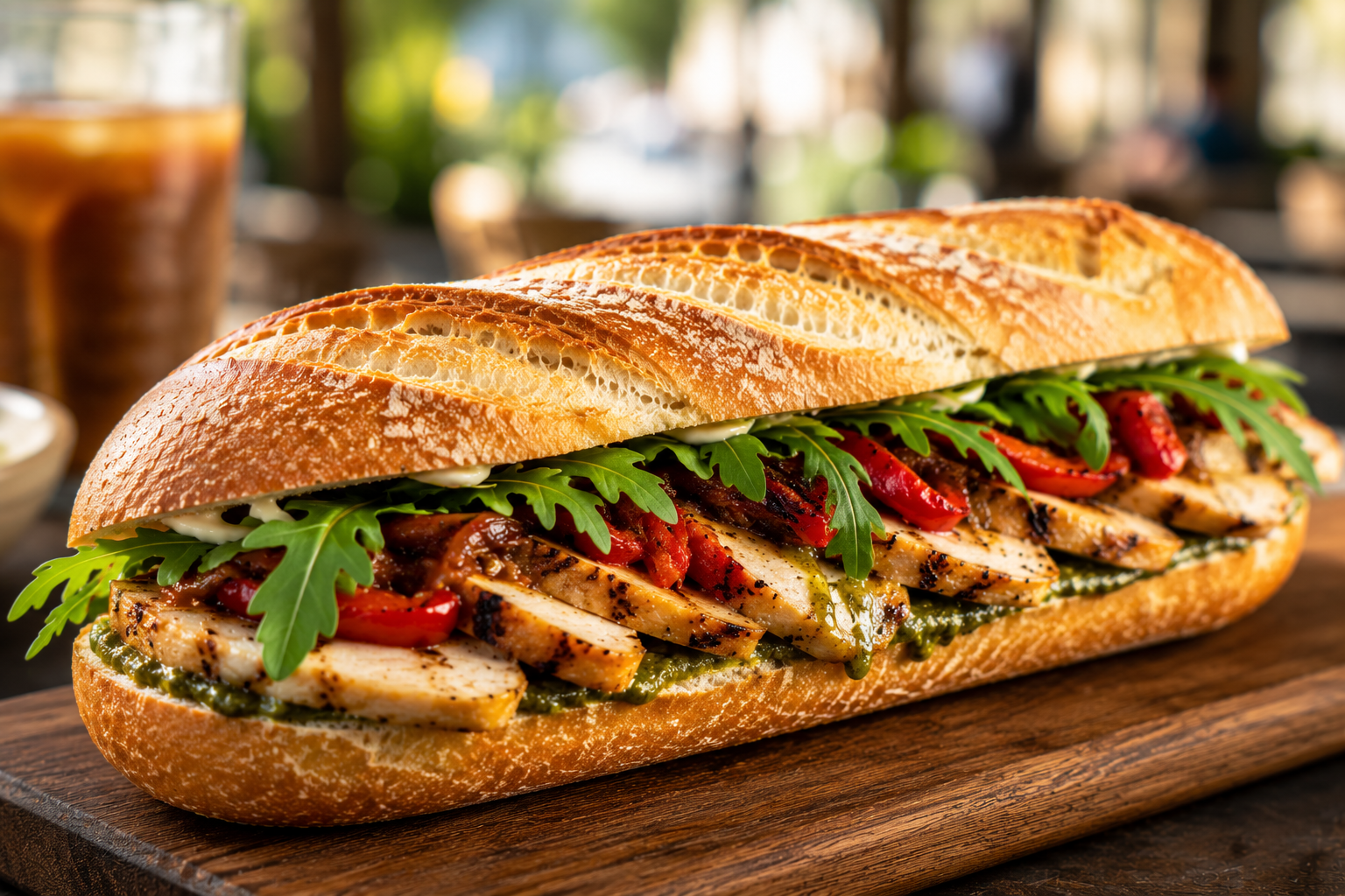 A sandwich on a wooden board with grilled chicken, red peppers, arugula, and sauce in a baguette.