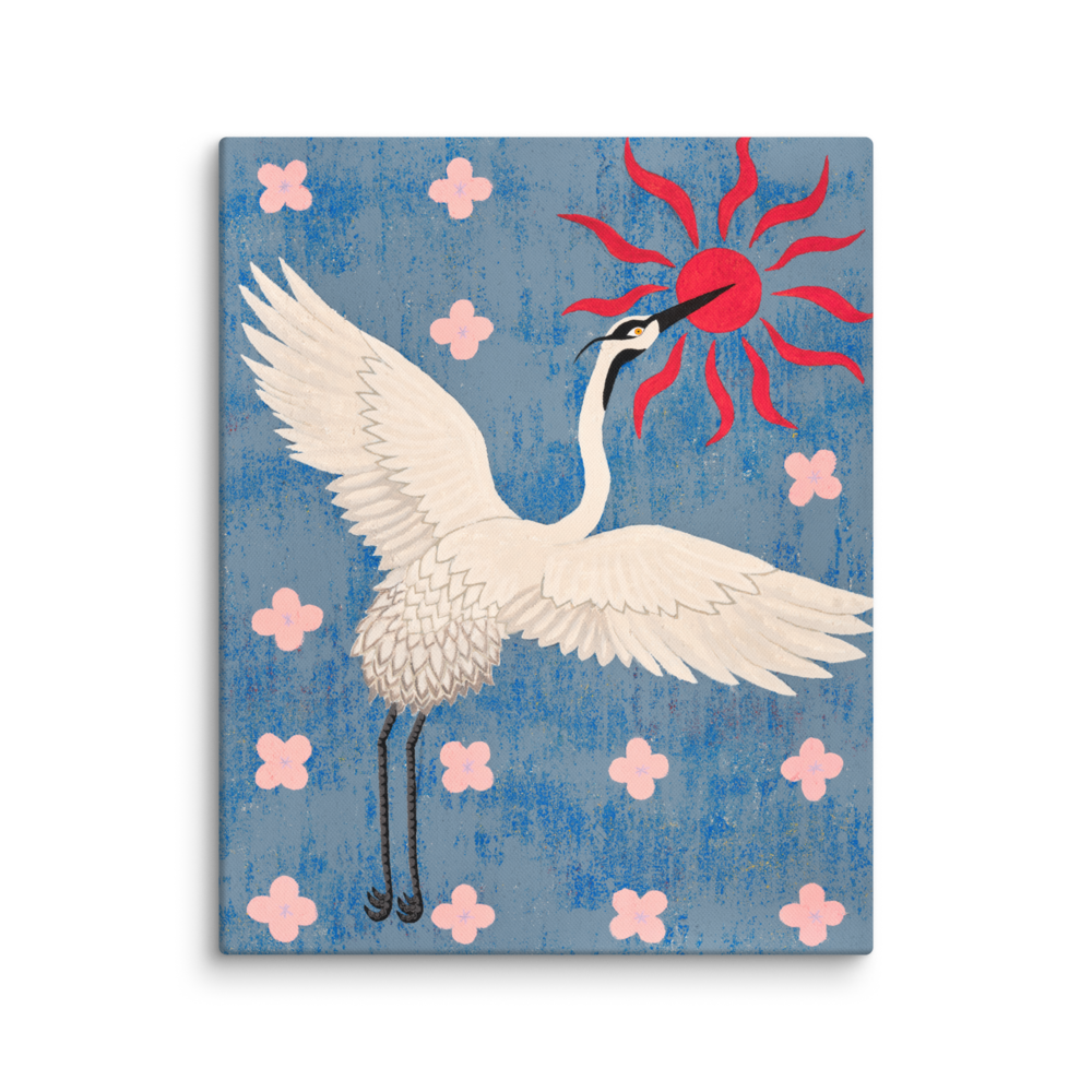Painting of a white crane with outstretched wings, standing against a blue background with pink flowers and a red sun with flame-like rays.