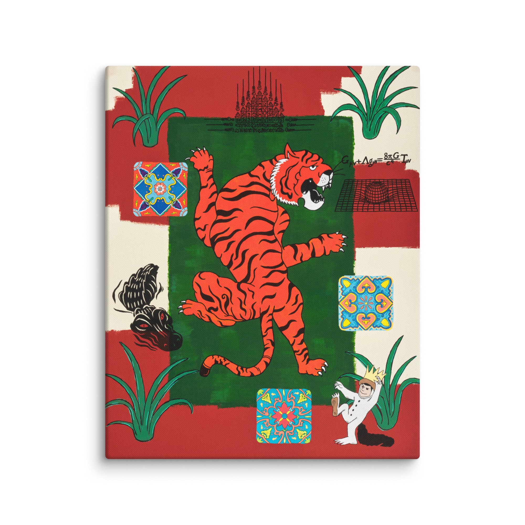 Creative artwork featuring a tiger, a white dog, mathematical equations, plants, and colorful decorative tiles on a red, green, and cream background.