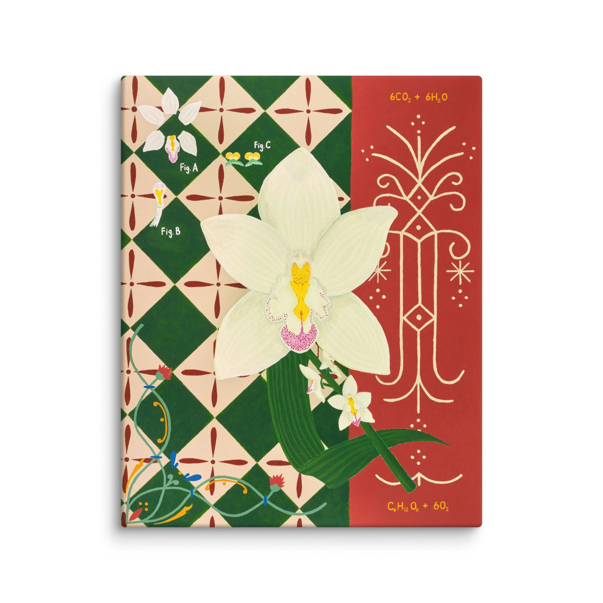 Colorful decorative book cover with illustrations of an orchid flower, chemical formulas, and scientific diagrams, featuring a red and green pattern background.