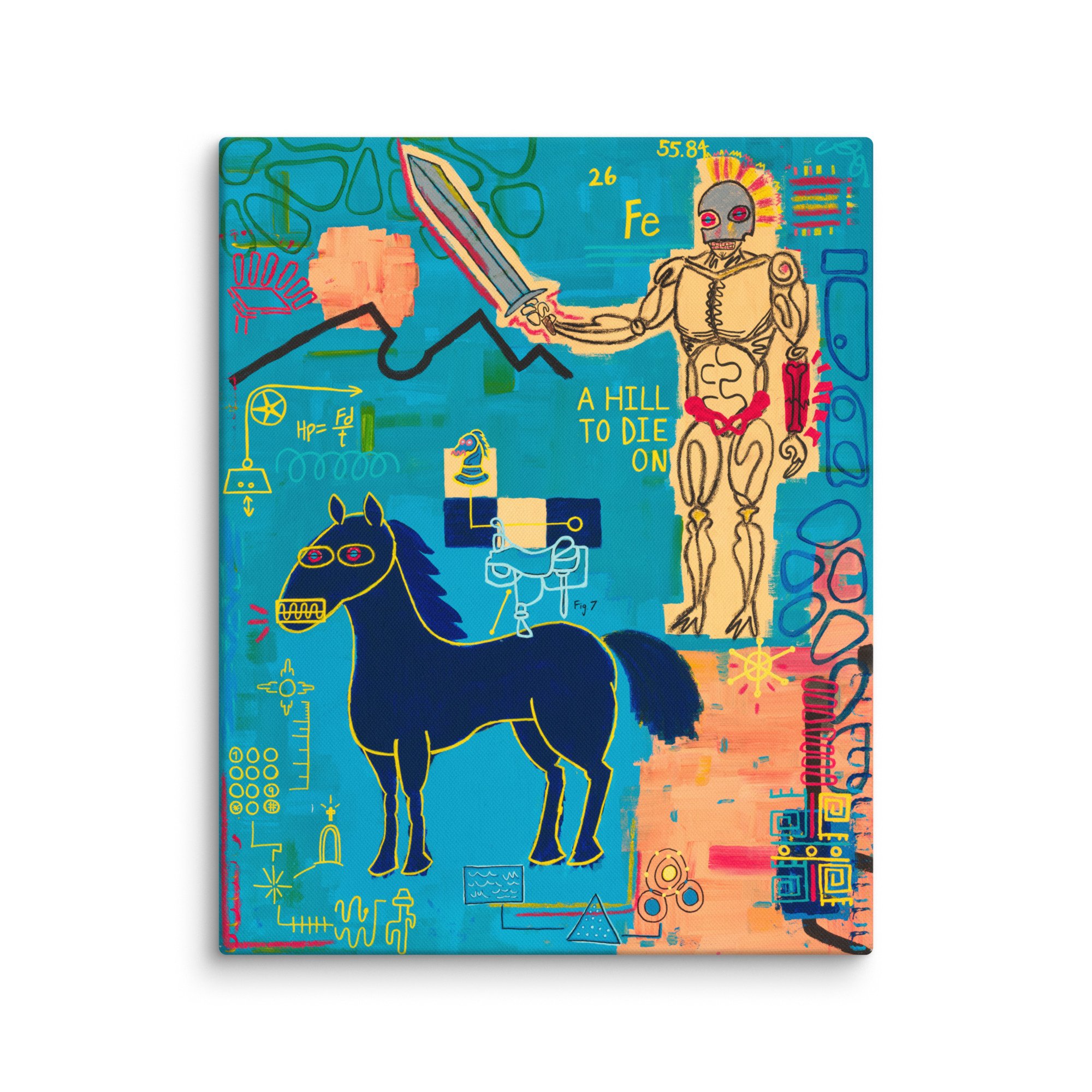 Colorful illustrated book cover featuring a skeleton holding a sword, a cartoonish black dog with red glasses, various scientific and technological doodles, and the phrase "A HILL TO DIE ON" in yellow.