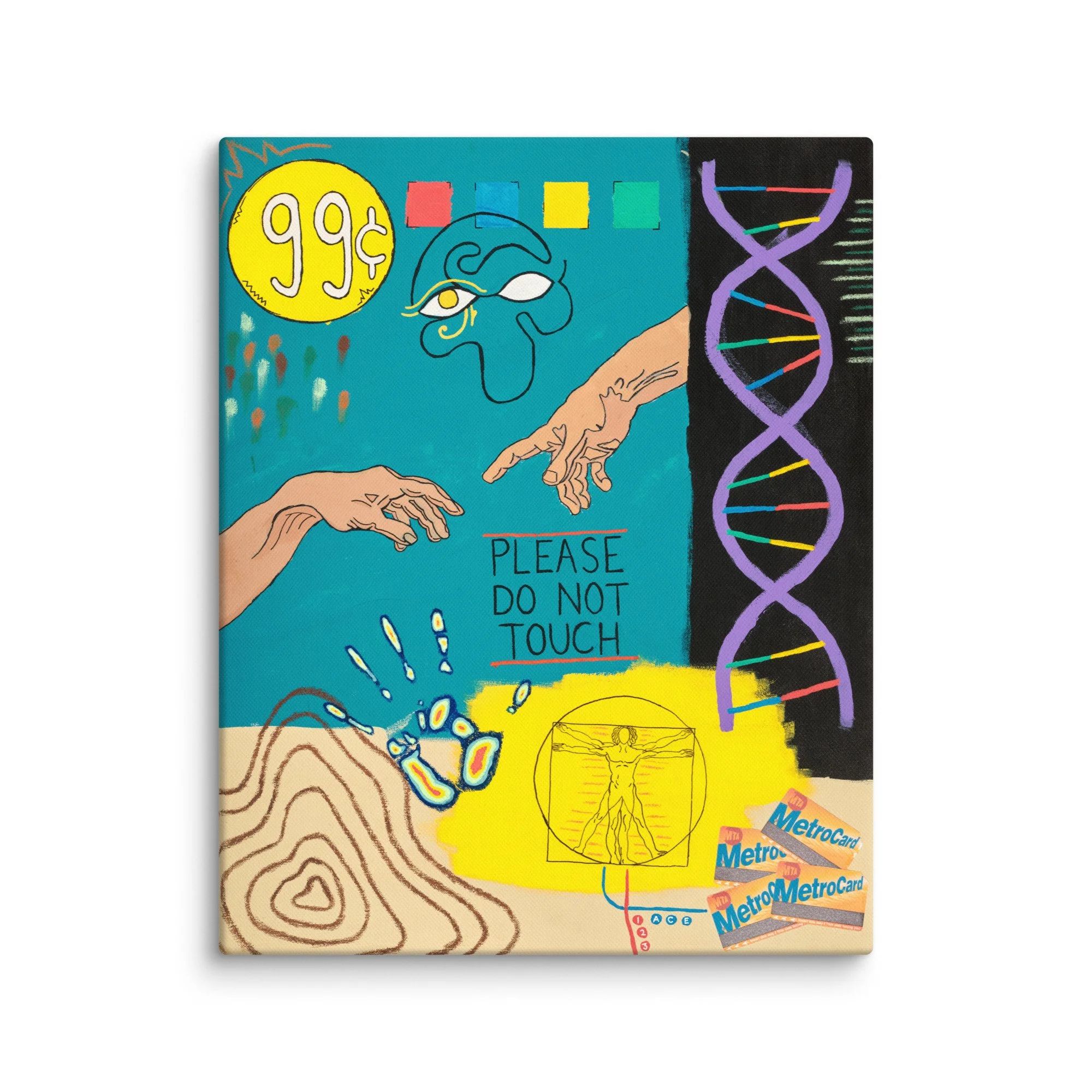 Colorful illustration with a yellow circle showing 99 cents, a DNA double helix, a pair of hands reaching out to each other, and various shapes including a MetroCard and a person's face.