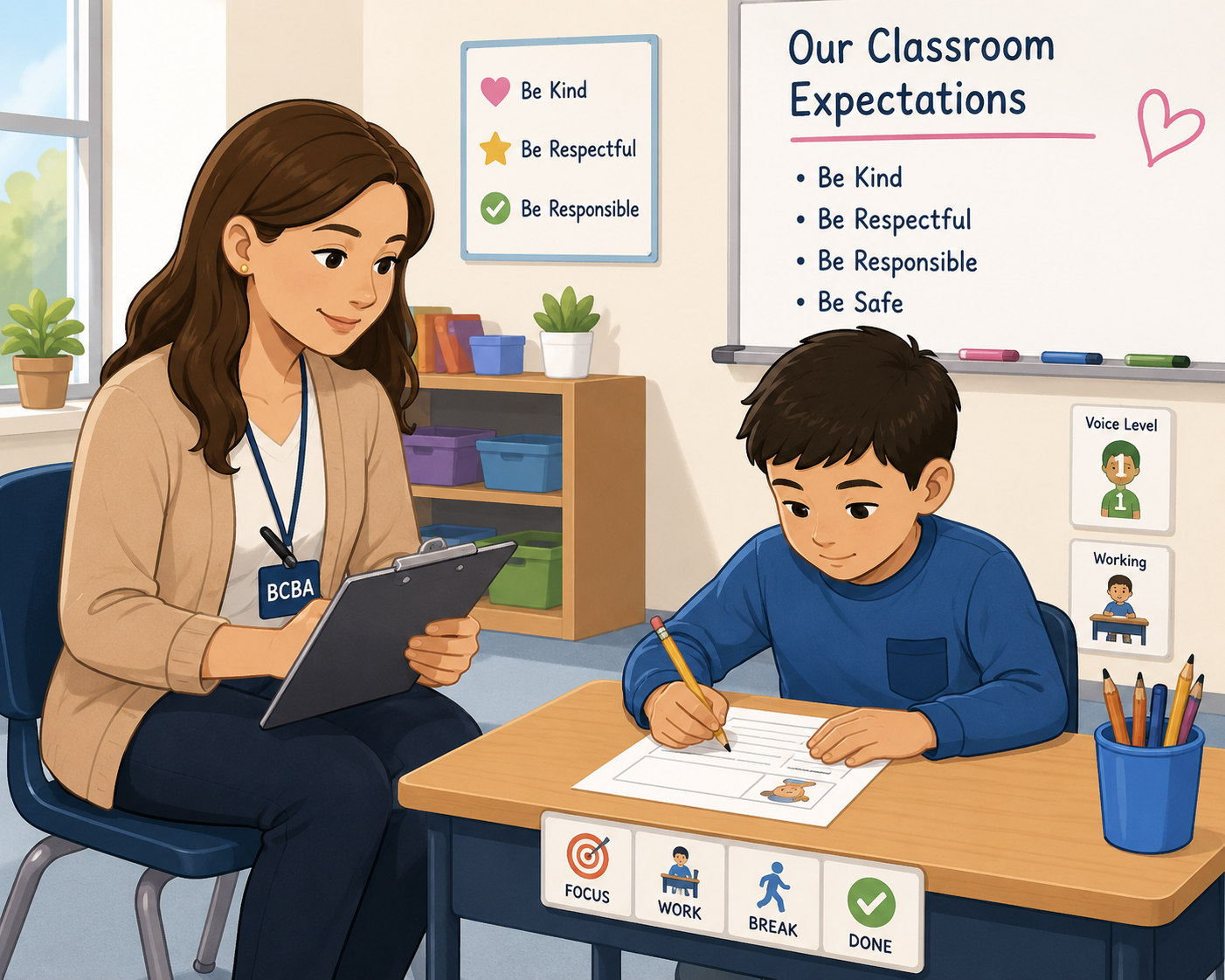A teacher and a student in a classroom. The teacher is sitting on a chair holding a clipboard, wearing a name tag that says BCBA. The student is sitting at a desk, drawing on a worksheet. The classroom has educational posters on the wall about classroom expectations, which include be kind, be respectful, be responsible, and be safe. There are supplies like pencils, books, and storage bins around. The whiteboard behind them displays the classroom rules and a heart drawing.