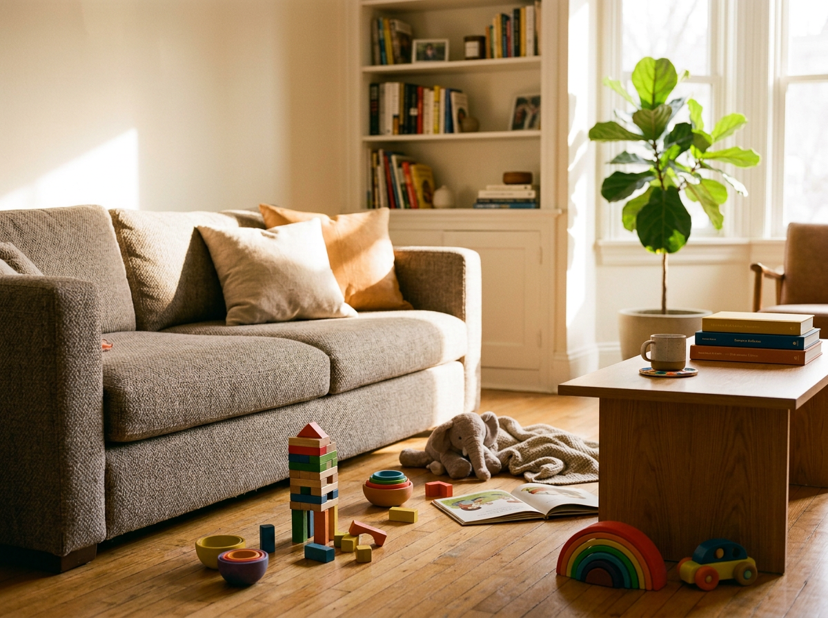 Living room with a gray sofa decorated with beige and peach pillows, a wooden coffee table with children's toys and a stack of books, a bookshelf filled with books, a large potted plant, and sunlight streaming through two windows.