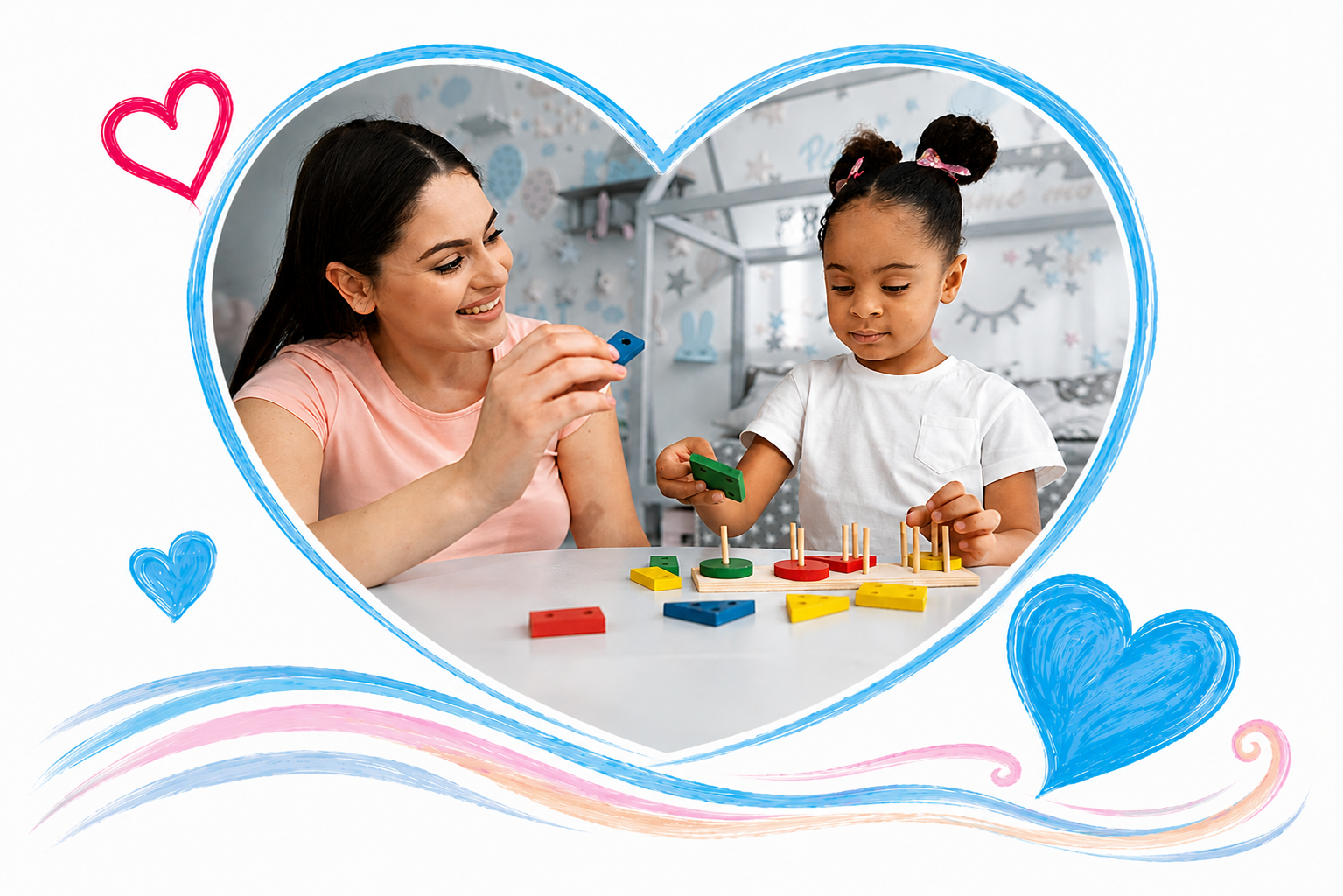A woman and a young girl playing a wooden educational game with colorful pieces inside a heart-shaped frame with blue, pink, and yellow decorative hearts and swirls around the border.