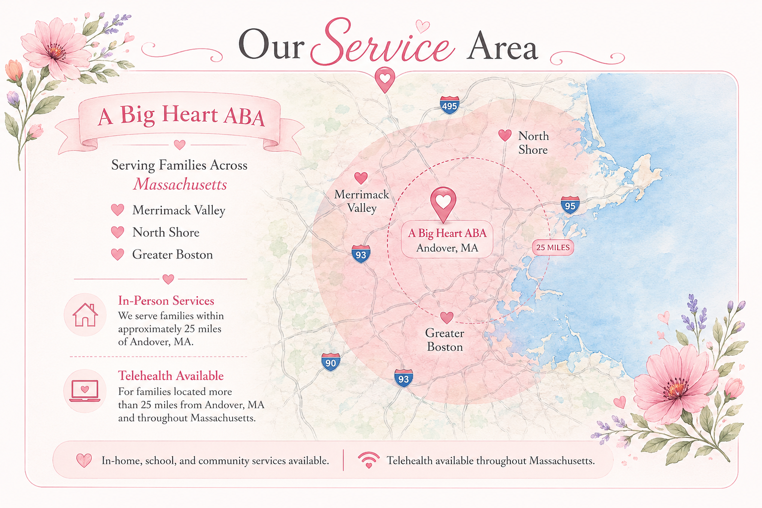 Map of Massachusetts highlighting the service area for A Big Heart ABA in Andover, with nearby cities and towns, and icons indicating in-home services and telehealth options, decorated with pink flowers in the corners.