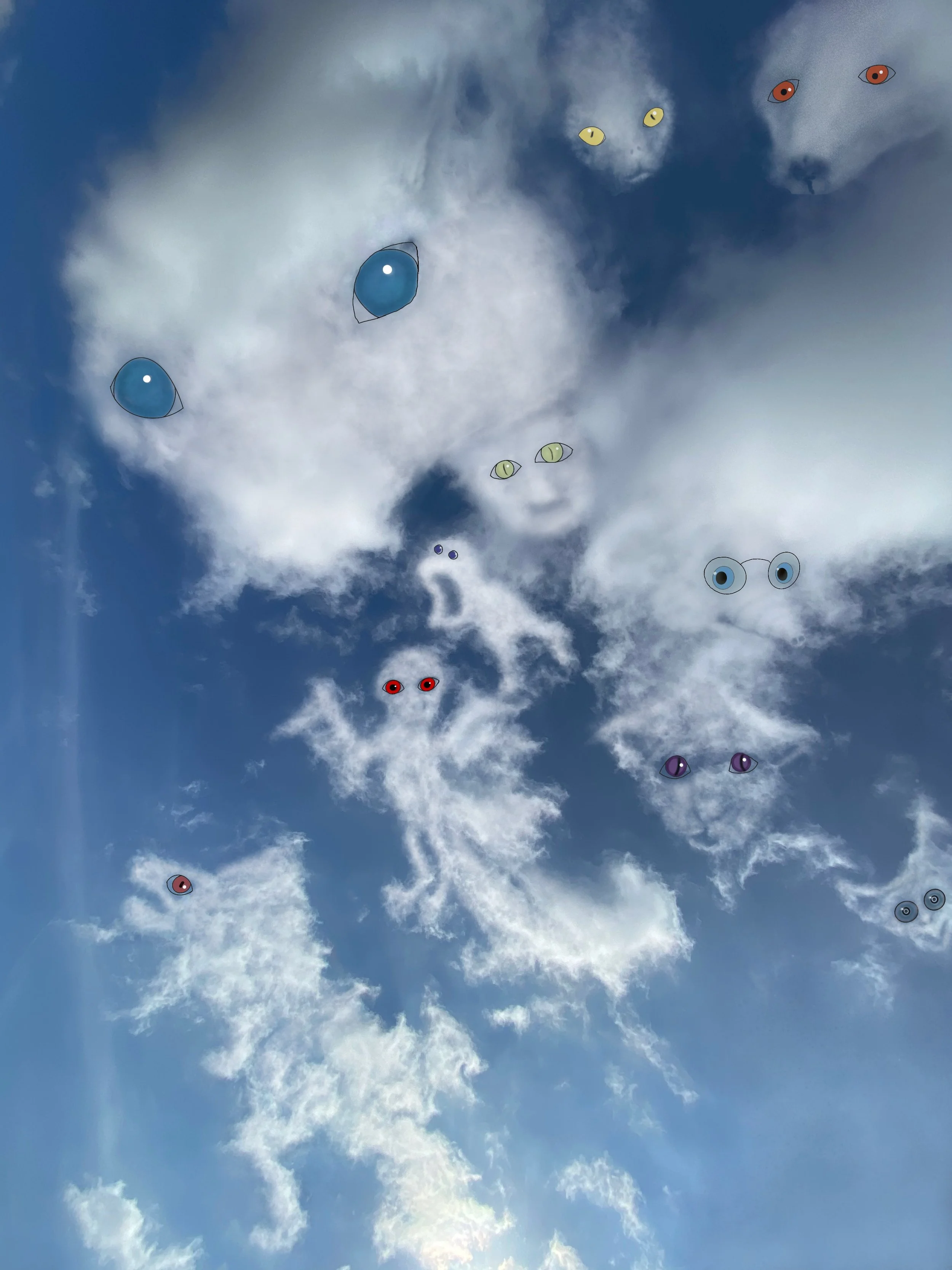 Illustration of various cartoon eyes floating in a cloudy sky with patches of blue and white clouds.