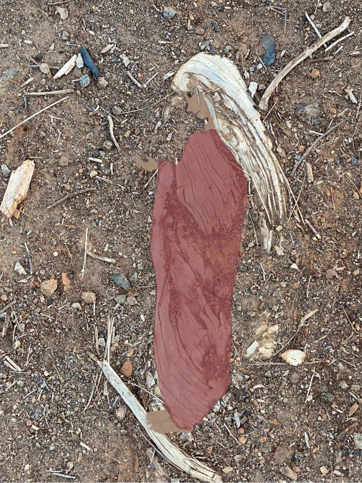 A painted rock on the ground, resembling a person with long hair and wearing a red dress, surrounded by dirt, small rocks, and dry twigs.