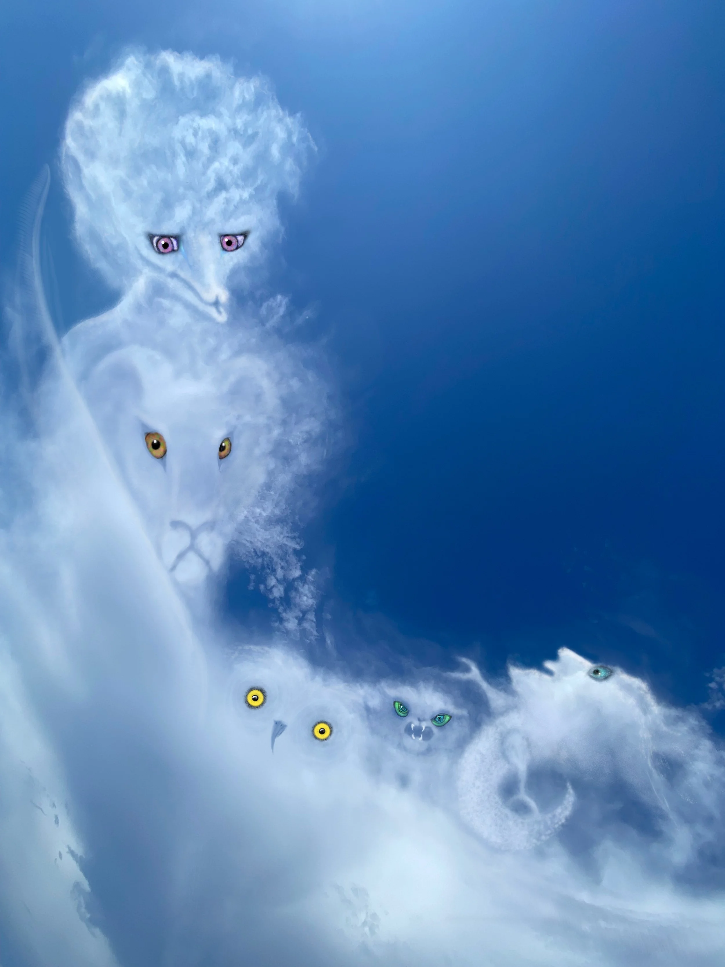 Clouds in the sky with various colorful, cartoonish eyes hidden among them.