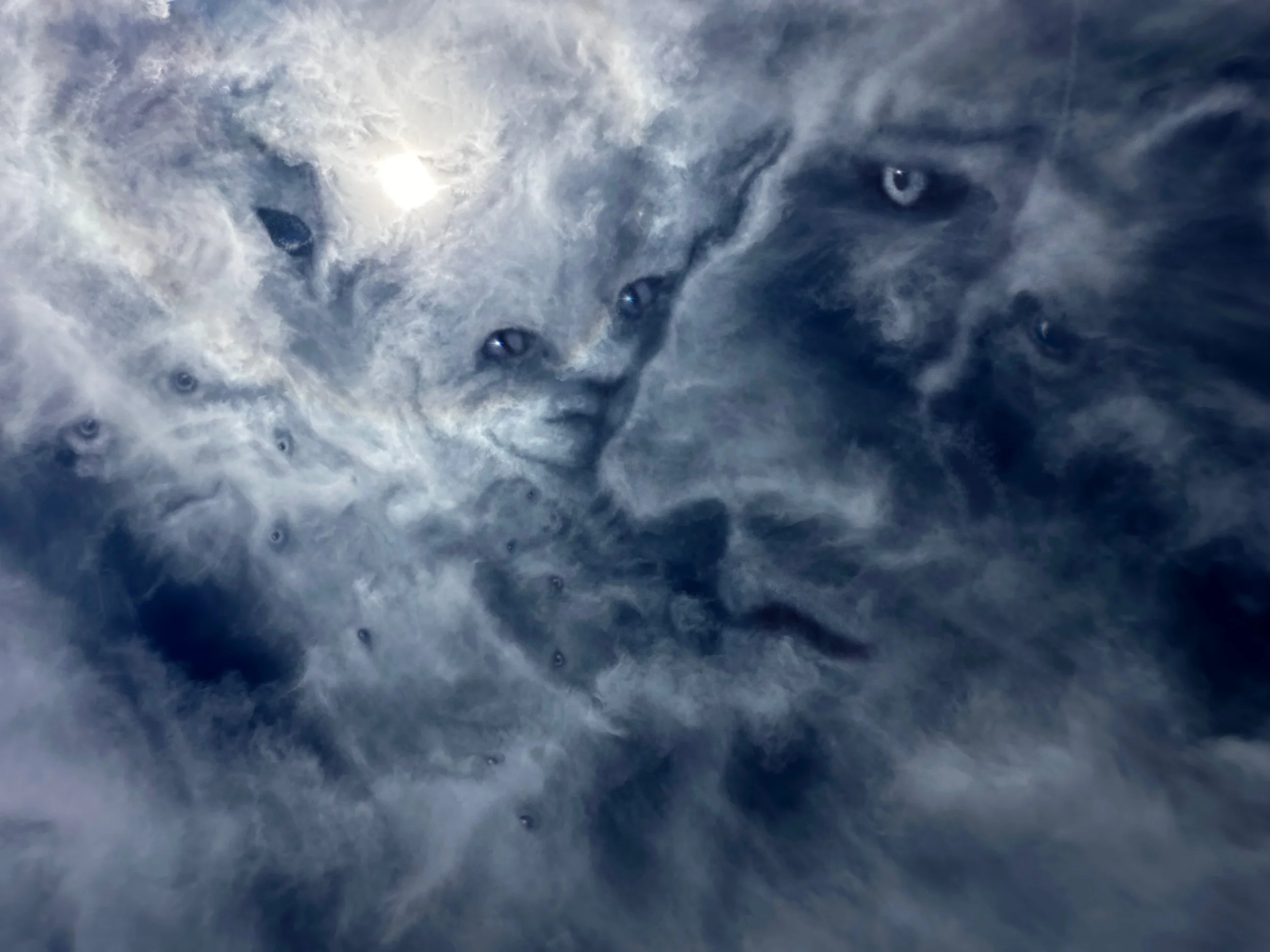 A close-up view of a wolf with clouds and the sun in the background, creating an abstract, surreal scene.