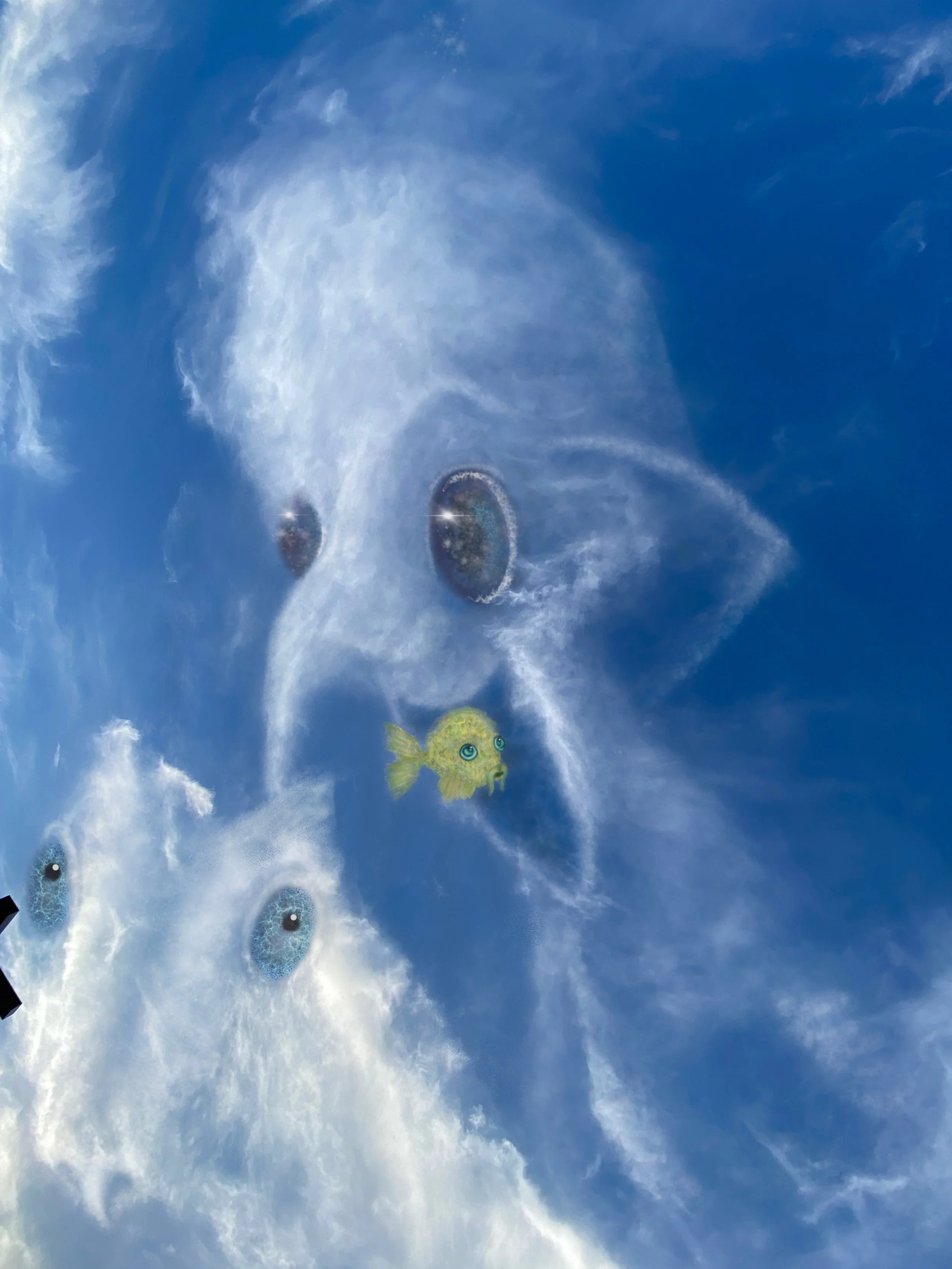 Sky with clouds and several dolphin-shaped objects flying through the air, with a small green fish character at the bottom.