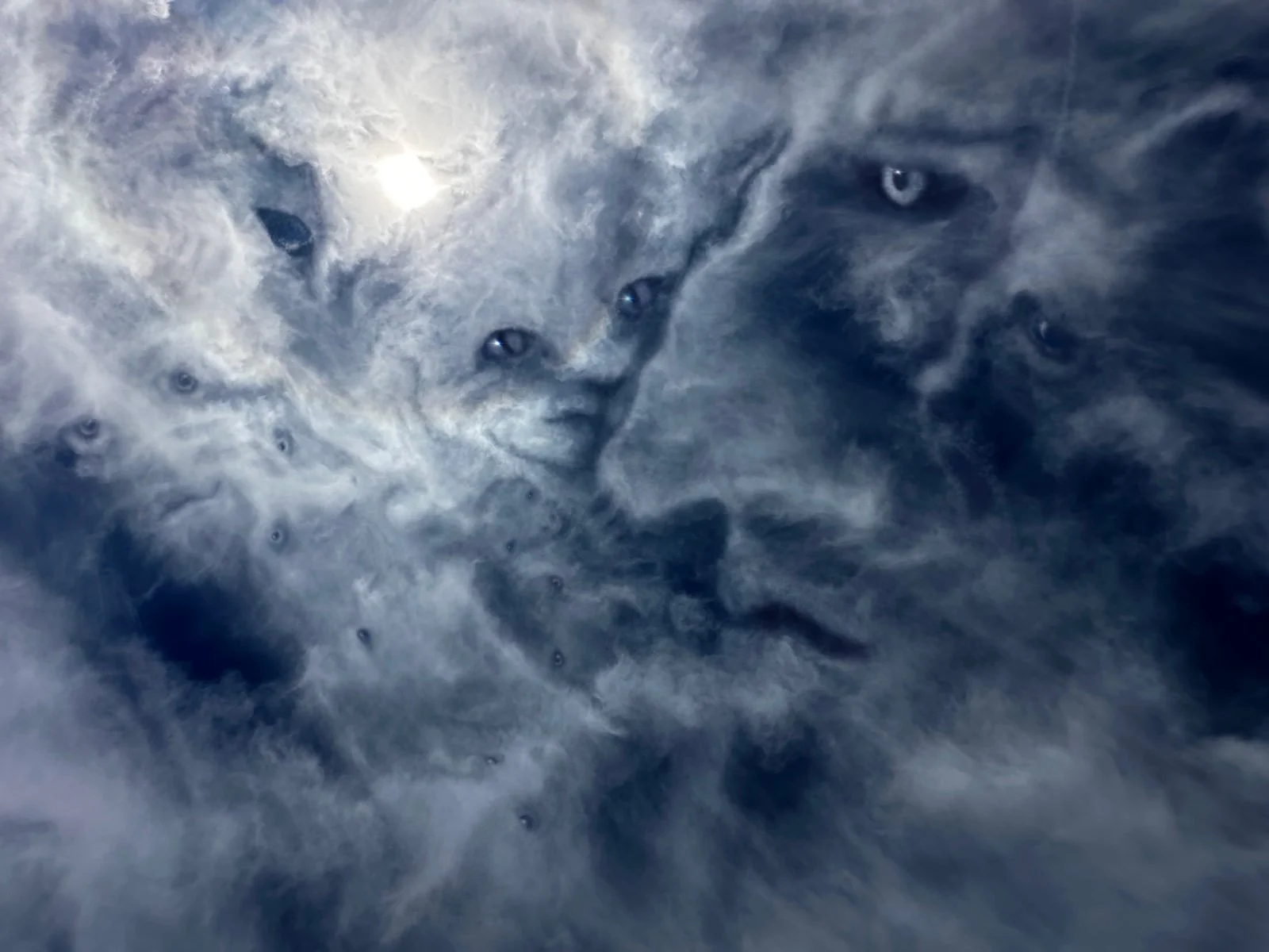 A digital illustration of a wolf's face emerging from cloudy, smoky skies with a bright moon in the background.