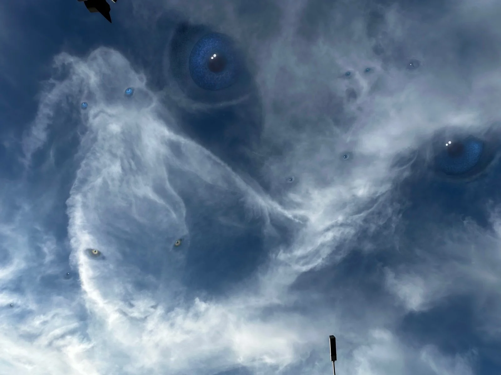 Clouds with swirling formations and multiple eye-like reflections in the sky during daytime.