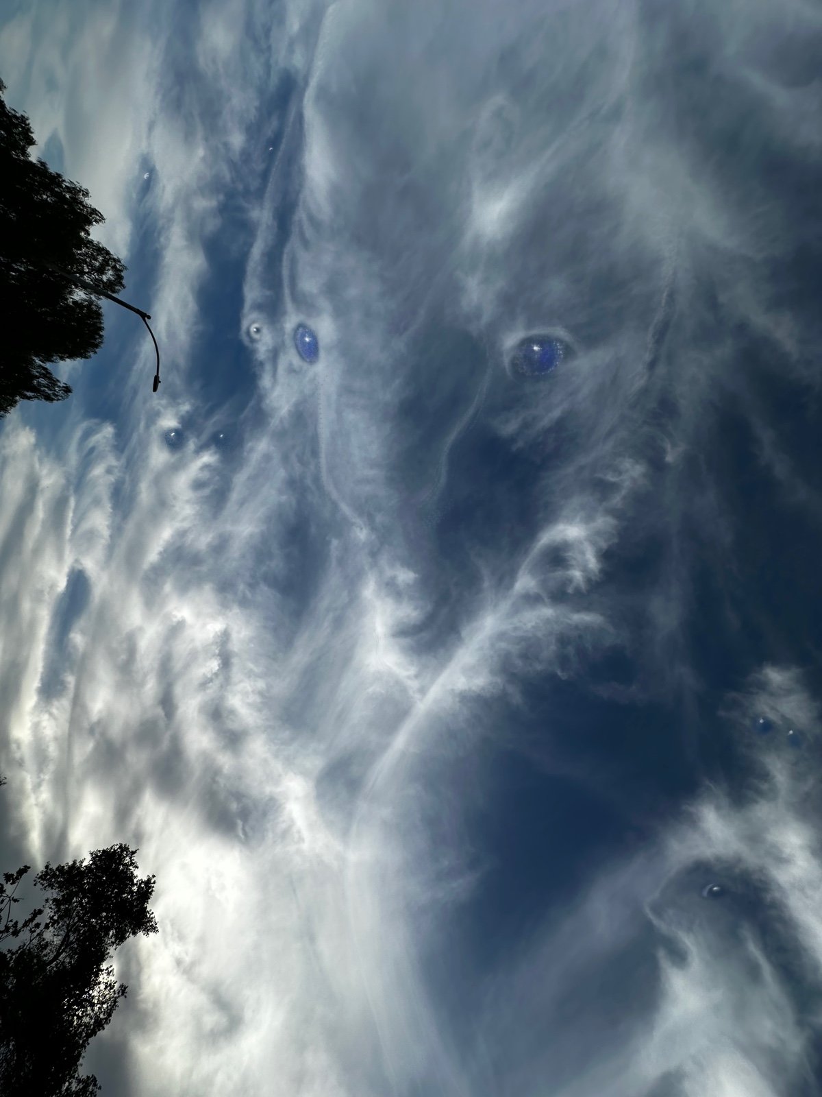 Cloudy sky with a face formed by clouds and multiple eyes, with silhouettes of trees and a streetlamp in the foreground.