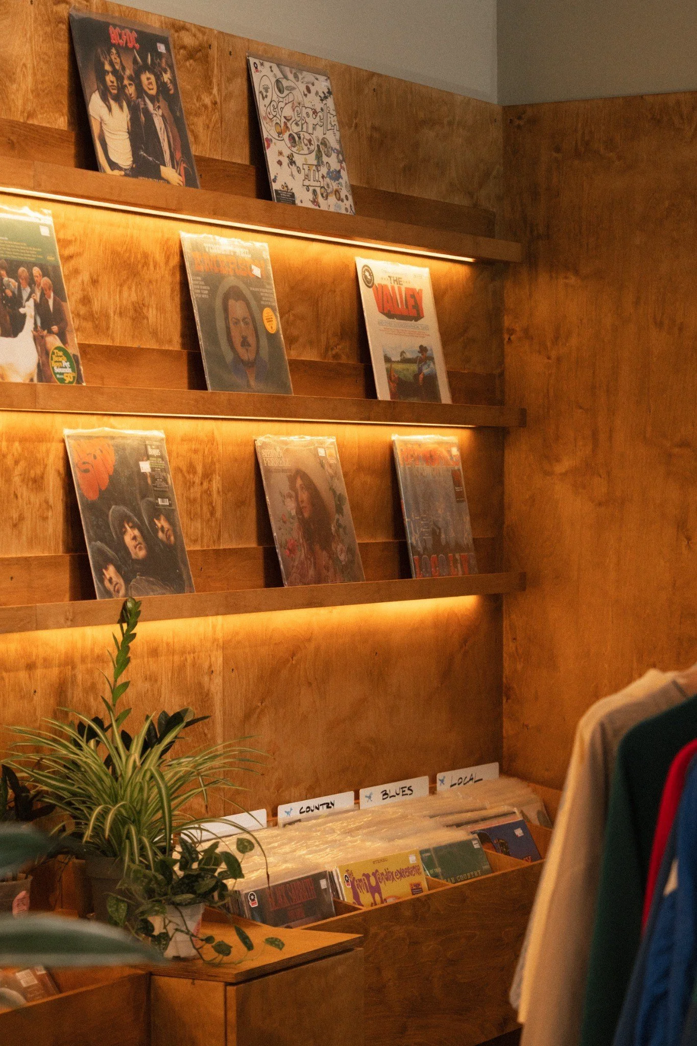 Record bins, vinyl albums, and houseplants inside Fort Worth Barbershop in Fort Worth, Texas.