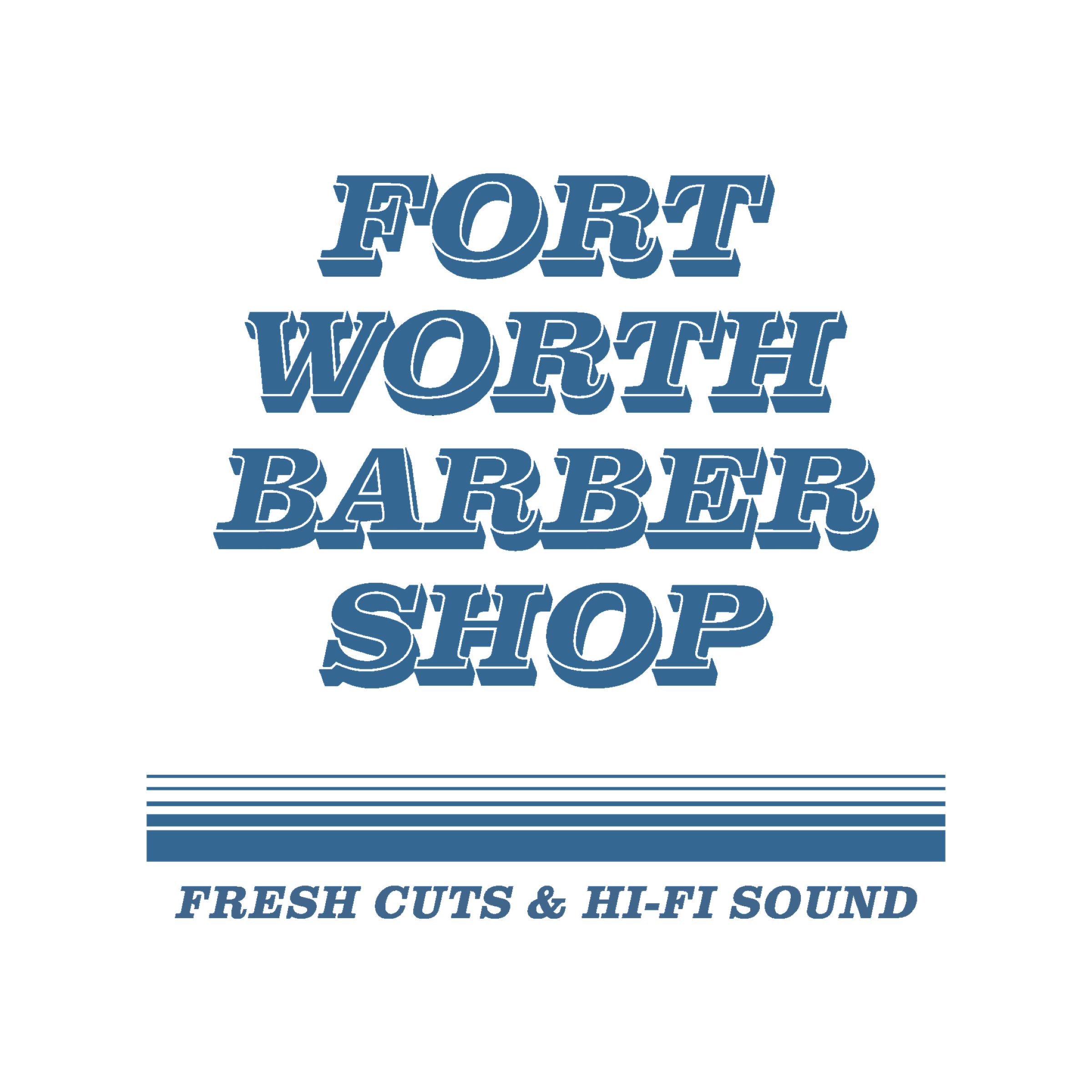 Store sign for a hair shop. The text reads 'Fort Worth Barber' and 'Fresh Cuts & Hi-Fit Sound'. The sign has a stylized 3D text design in shades of blue and black.