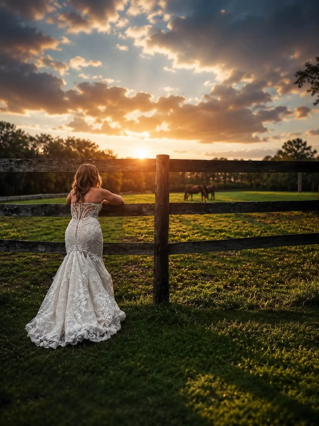 A woman in a white wedding dress stands by a wooden fence, gazing at horses grazing in a field during sunset.
