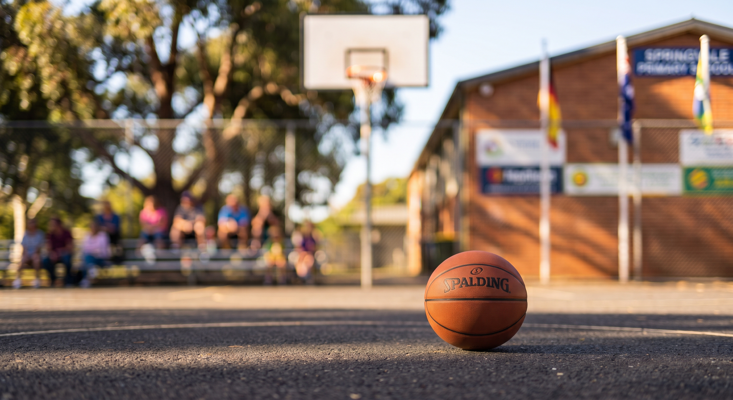 A basketball on an outdoor court with a backboard and hoops, surrounded by trees and a group of people sitting on bleachers in the background.