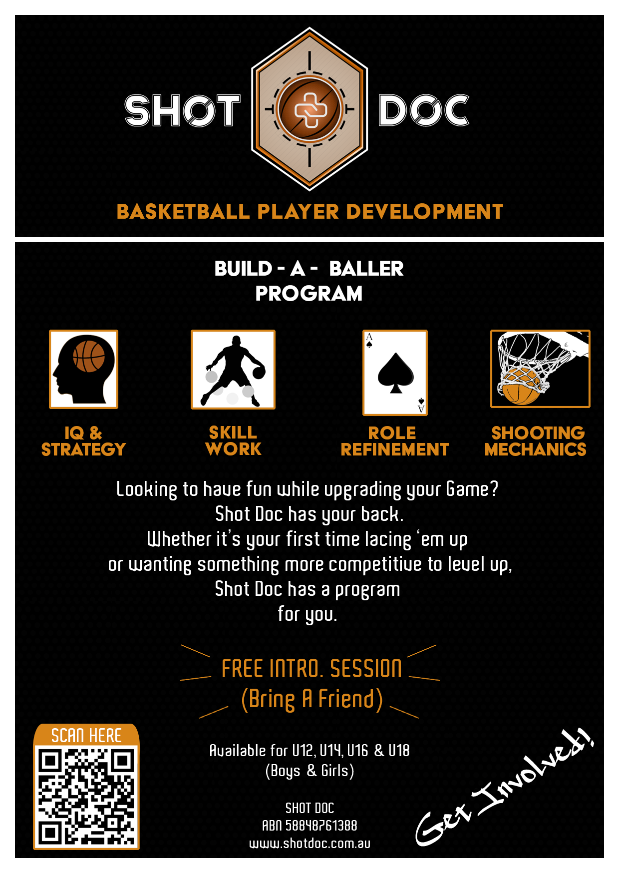 A promotional flyer for Shot Doc's basketball player development program. The flyer features icons representing IQ & Strategy, Skill Work, Role Refinement, and Shooting Mechanics. It offers a free intro session for boys and girls ages U12 to U18 and includes a QR code for more information.
