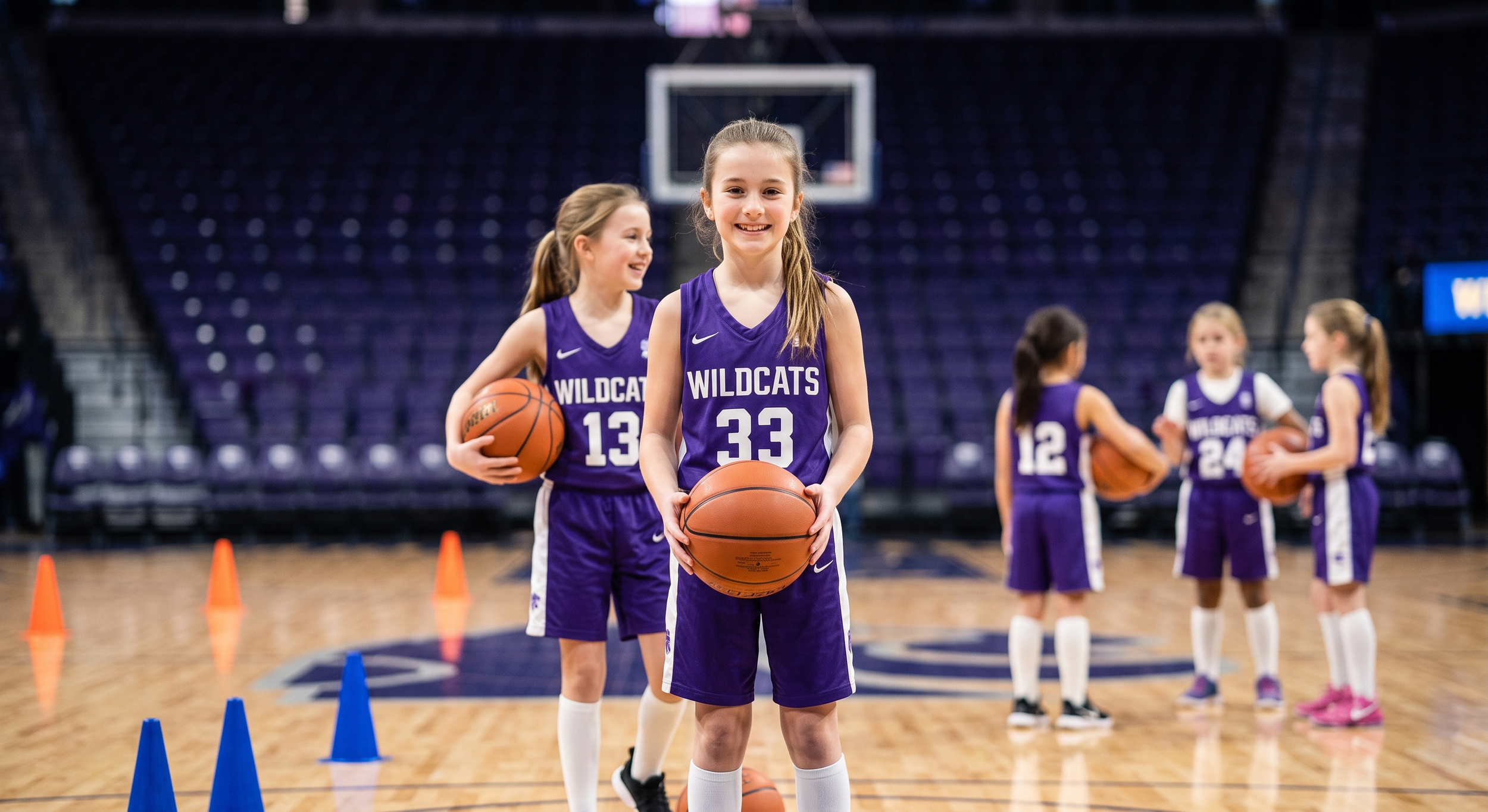 Young female basketball players in purple and white uniforms practicing on an indoor court, holding basketballs, with some standing in line and others engaging in drills.